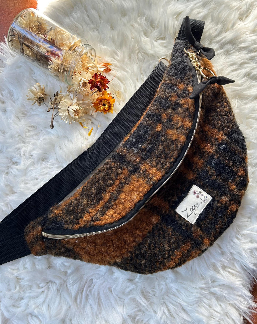 Sac banane femme hiver | Ecossaise bouclettes marron et noir & doublure noireSac Femme Zage Colorful Life