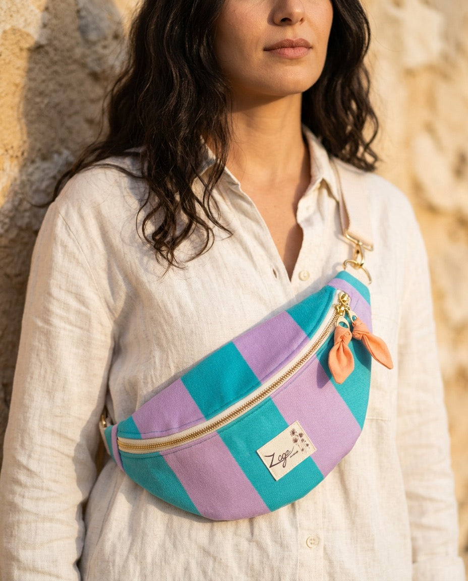 Sac banane femme hiver | Velours rayé turquoise et violet & doublure orangeSac Femme Zage Colorful Life