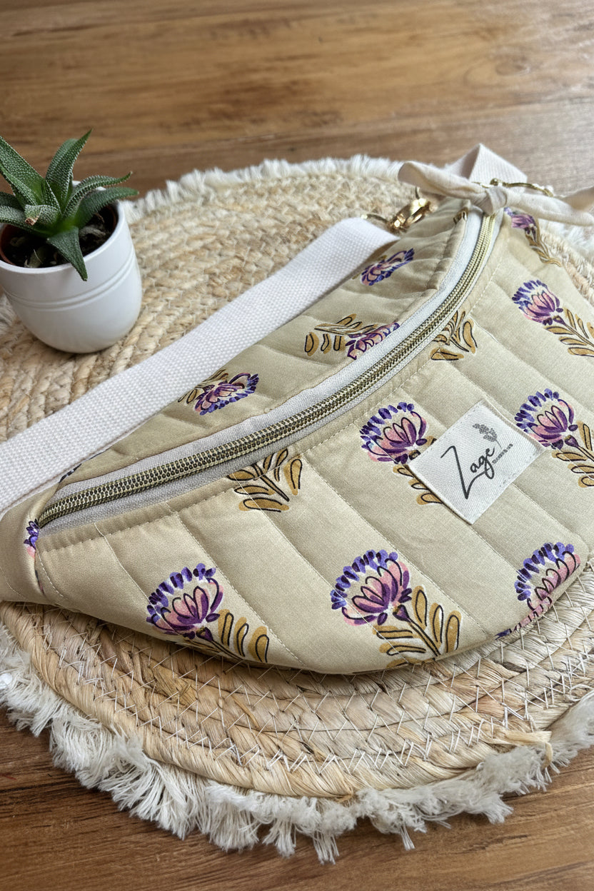 Sac banane femme Matelassé | Tissu matelassé beige fleuri & doublure beigeSac Femme Zage Colorful Life