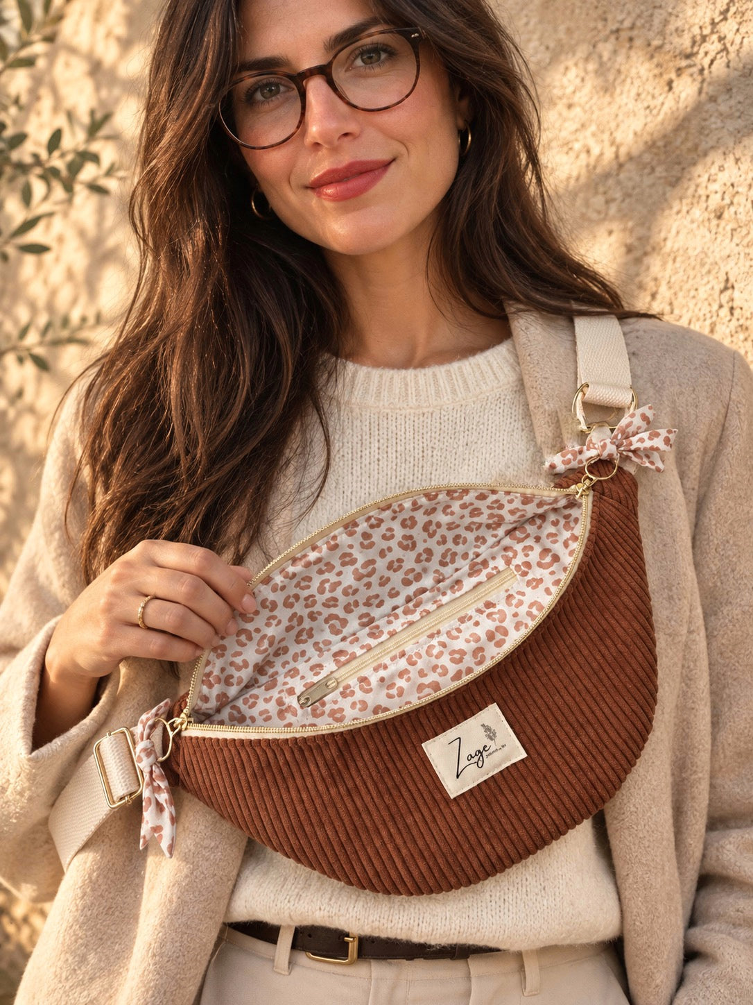 Sac banane femme hiver | Velours côtelé marron & doublure léopard caféSac Femme Zage Colorful Life