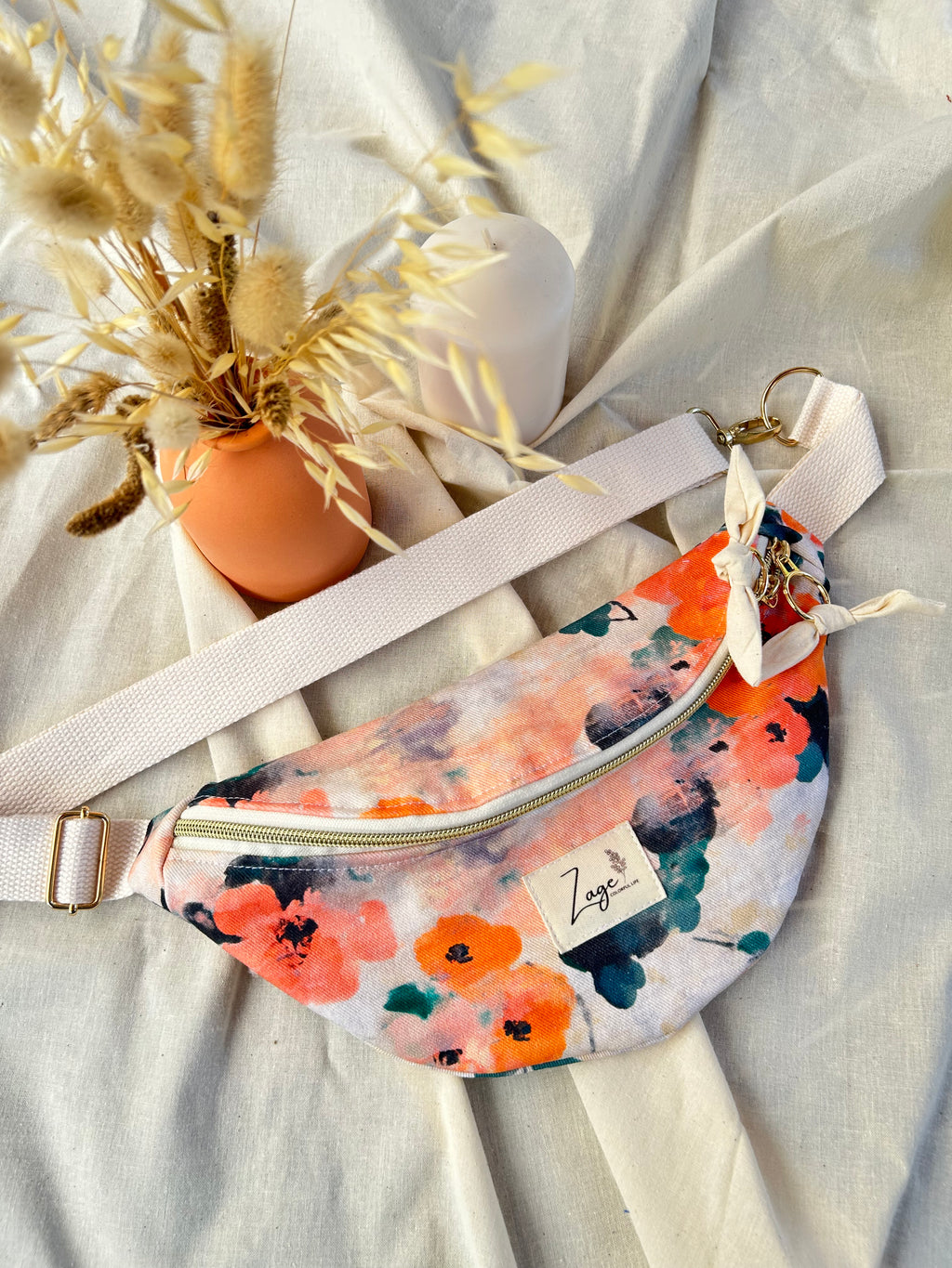 Sac banane femme Eté | Toile de coton fleurie orange & doublure beige (Copie)Sac Femme Zage Colorful Life