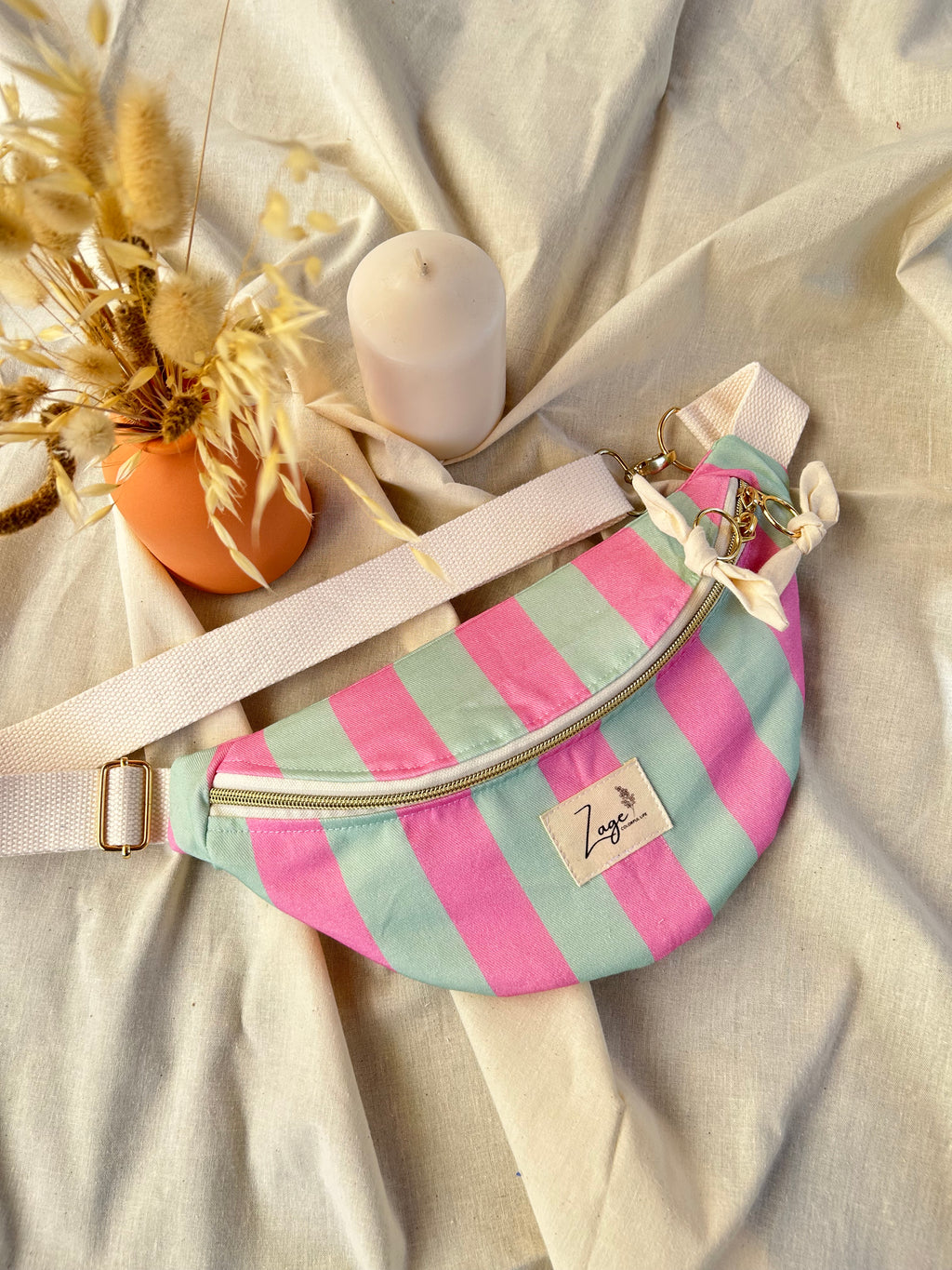 Sac banane femme Eté | Sergé de coton vert menthe et rose & doublure beigeSac Femme Zage Colorful Life