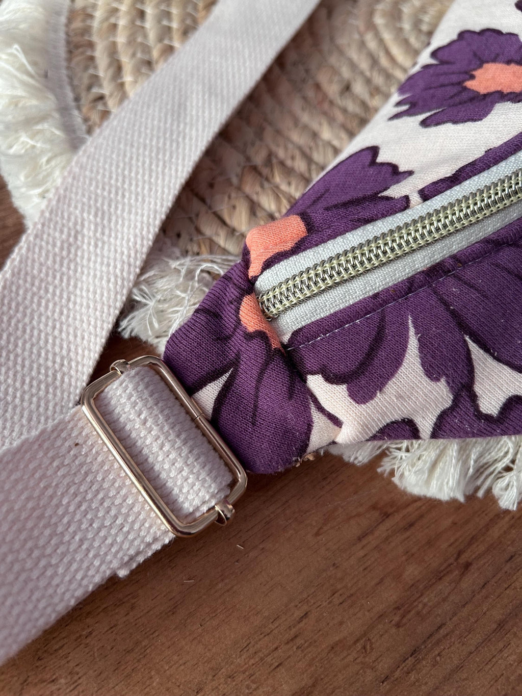 Sac banane femme été | Sweat molletonné marguerites violettes & doublure beigeSac Femme Zage Colorful Life