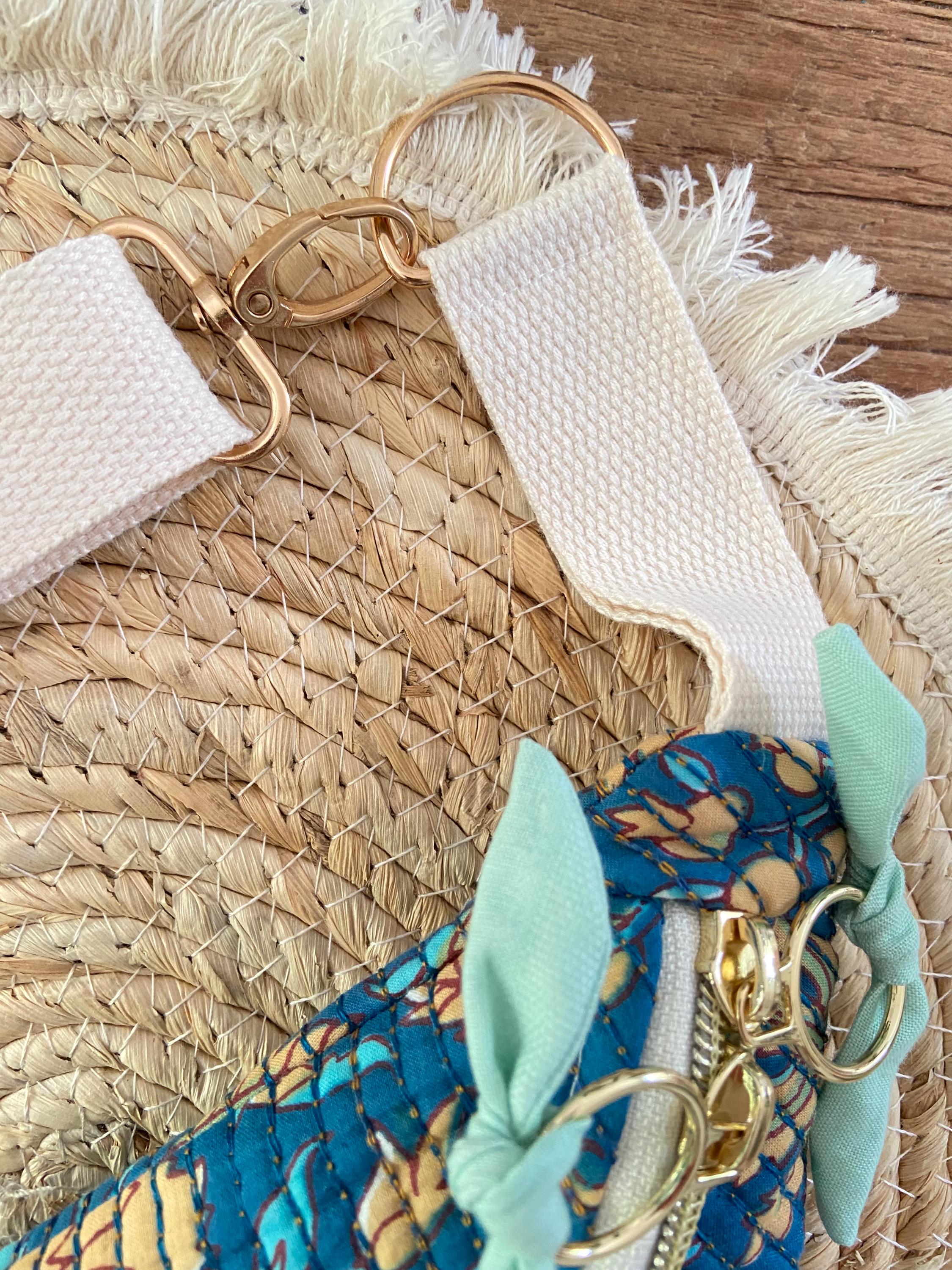 Sac banane femme Matelassé | Tissu matelassé indy motifs ocre sur fond bleu & doublure bleu vertSac Femme Zage Colorful Life