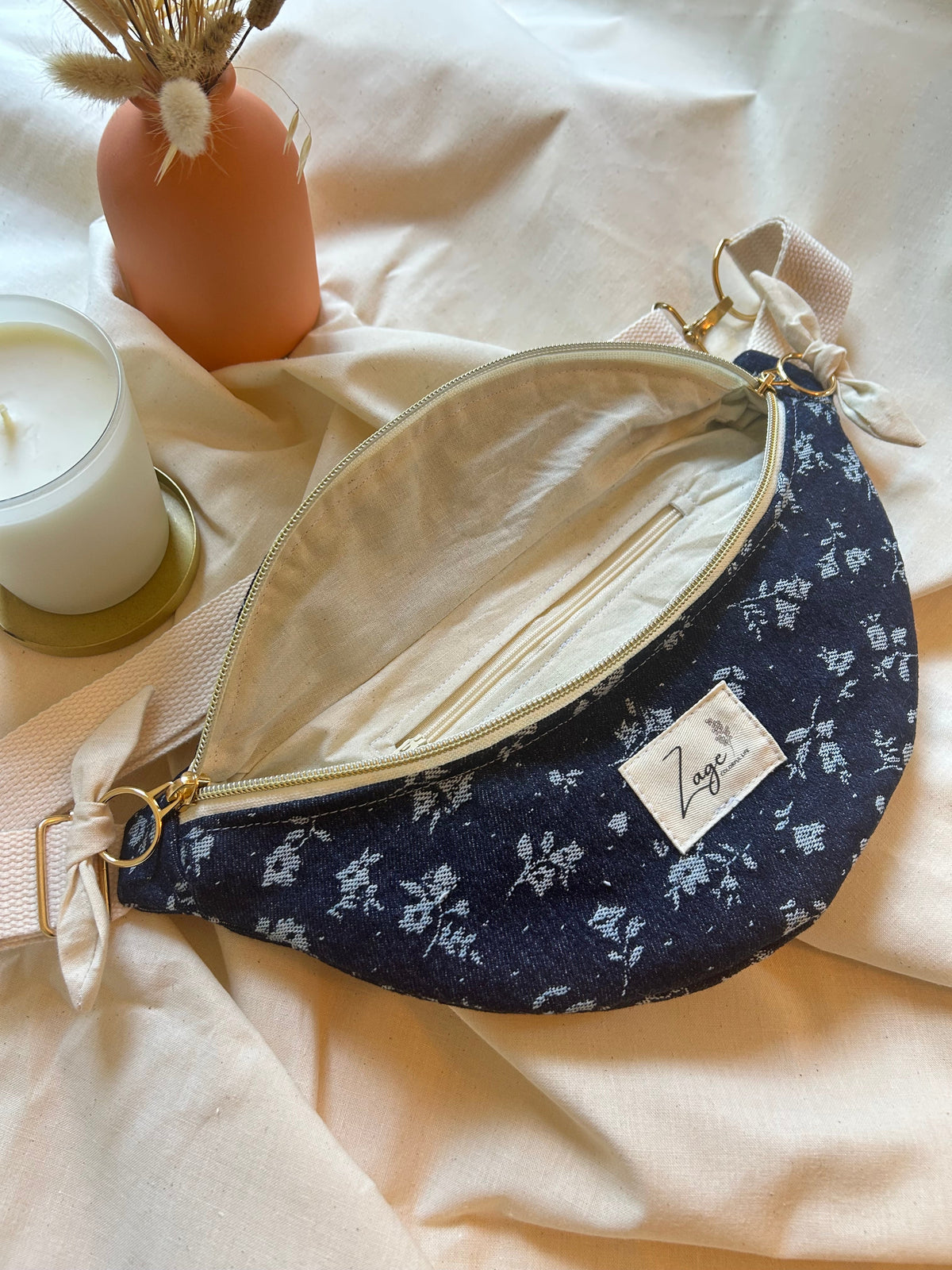 Sac banane femme | Jean fleuri & doublure beigeSac Femme Zage Colorful Life