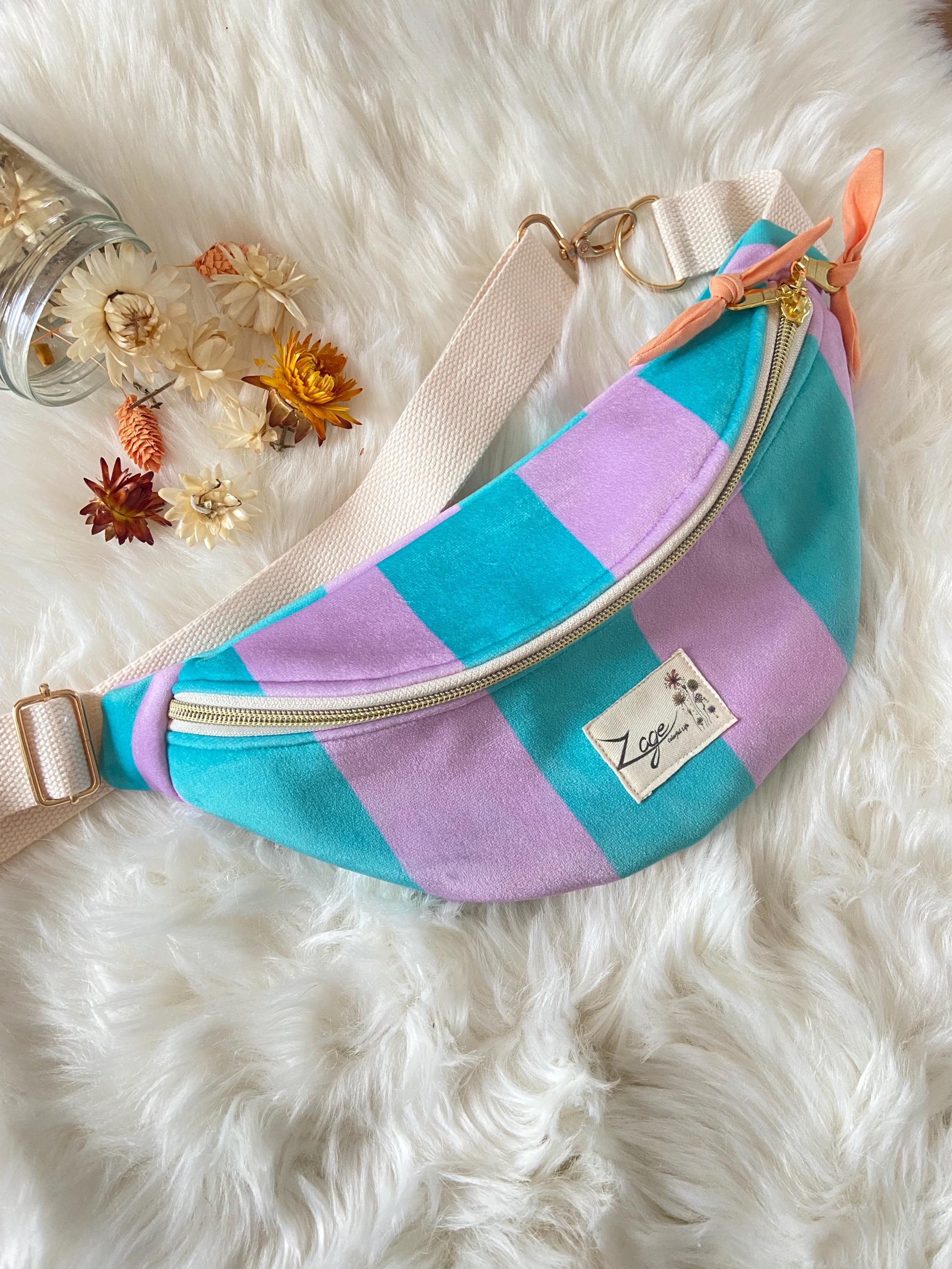 Sac banane femme hiver | Velours rayé turquoise et violet & doublure orangeSac Femme Zage Colorful Life