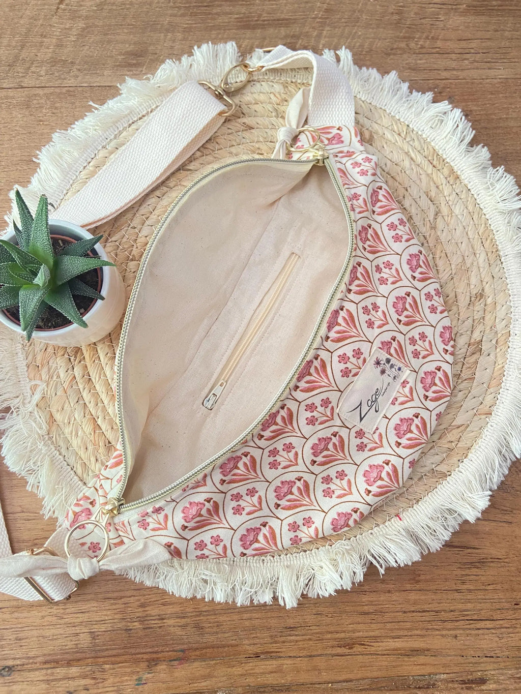 Sac banane femme été | Gabardine fleurie motifs indiens roses & doublure beigeSac Femme Zage Colorful Life