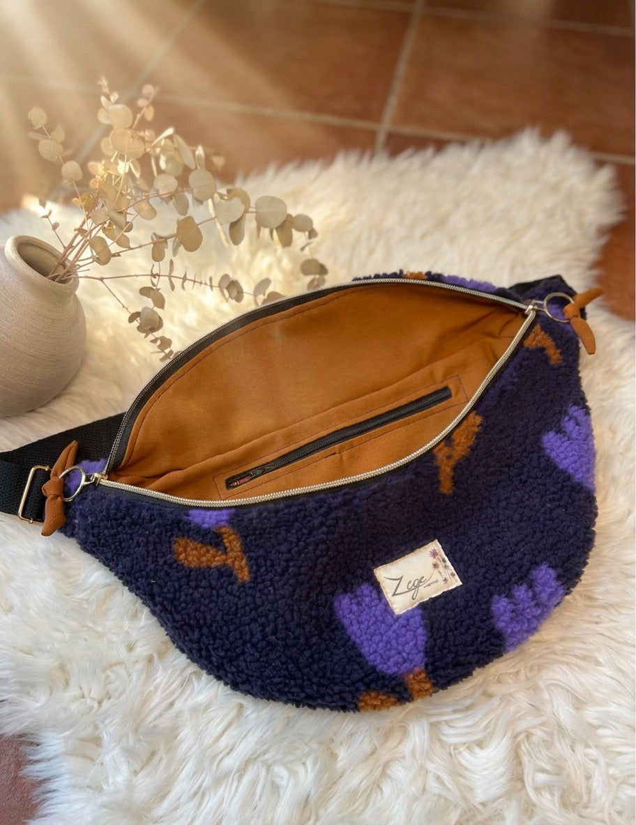 Sac banane femme hiver | Bouclettes/sherpa bleu marine motifs tulipes & doublure marronSac Femme Zage Colorful Life