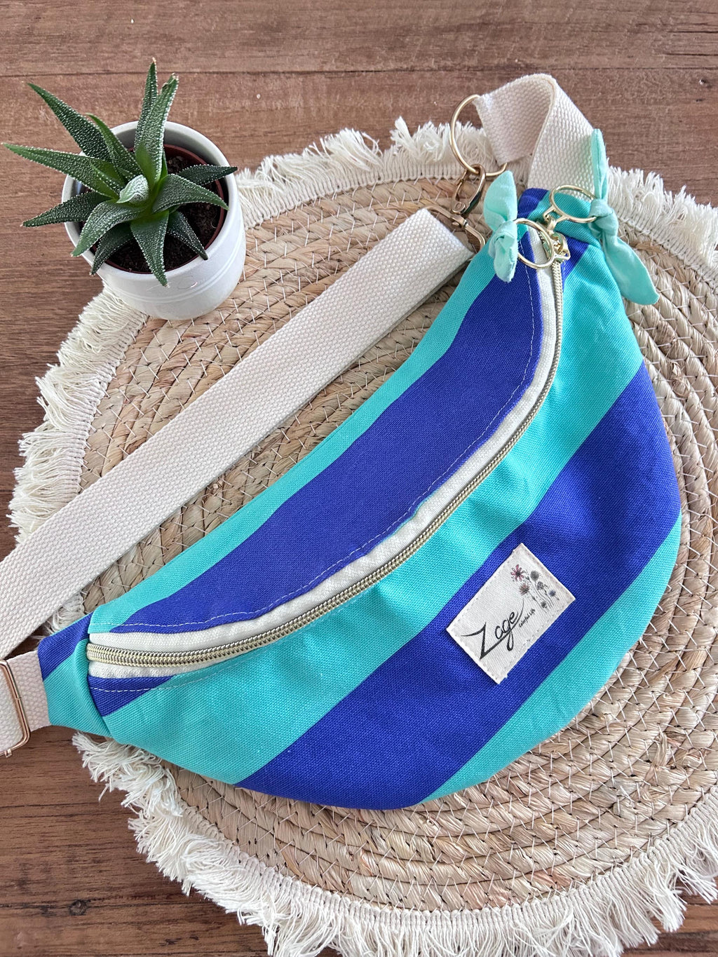 Sac banane femme été | Toile canvas rayé bleu et turquoise & doublure bleue clairSac Femme Zage Colorful Life