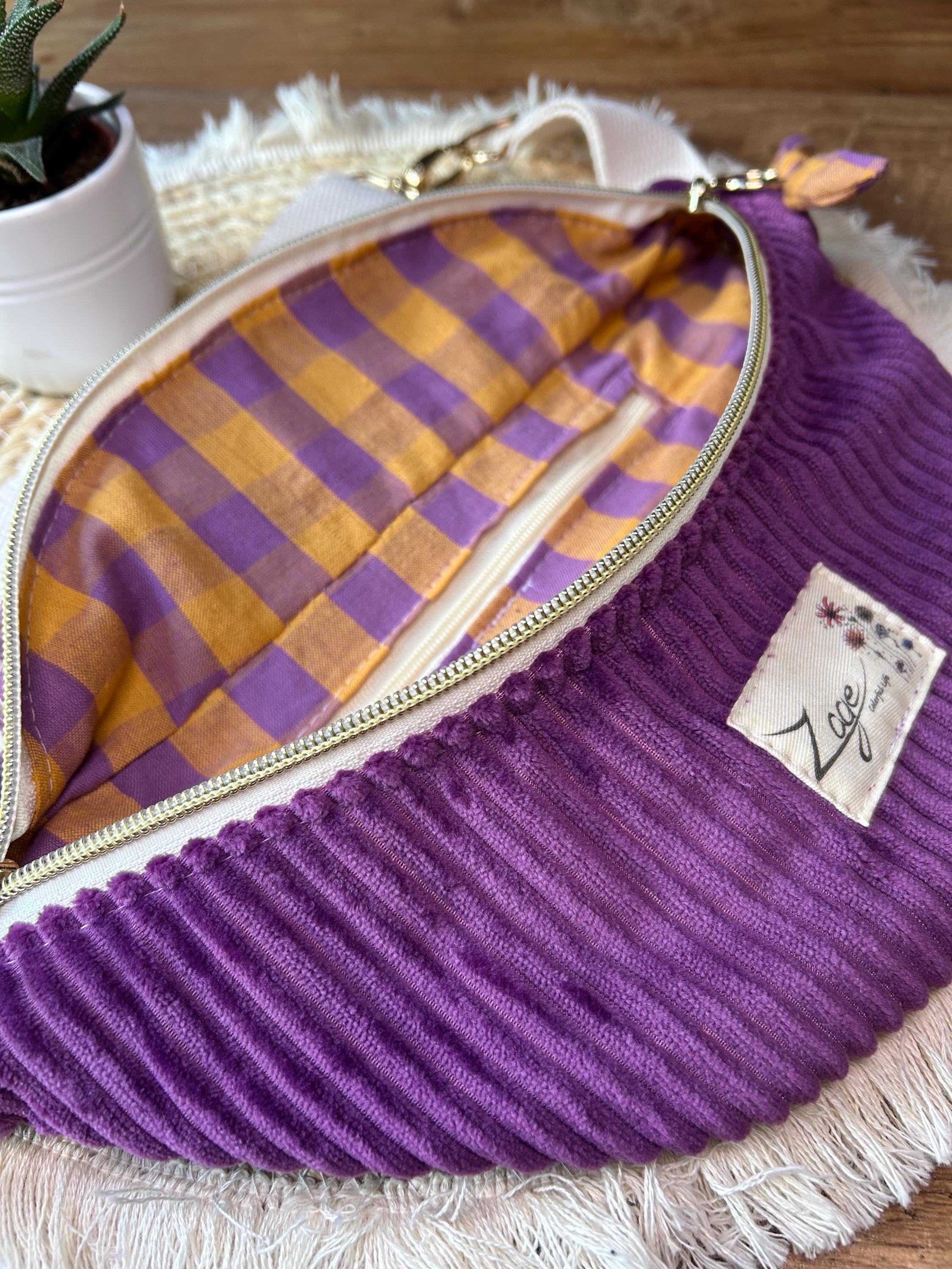 Sac banane femme hiver | Velours côtelé violet & doublure seersucker carreaux violet jauneSac Femme Zage Colorful Life