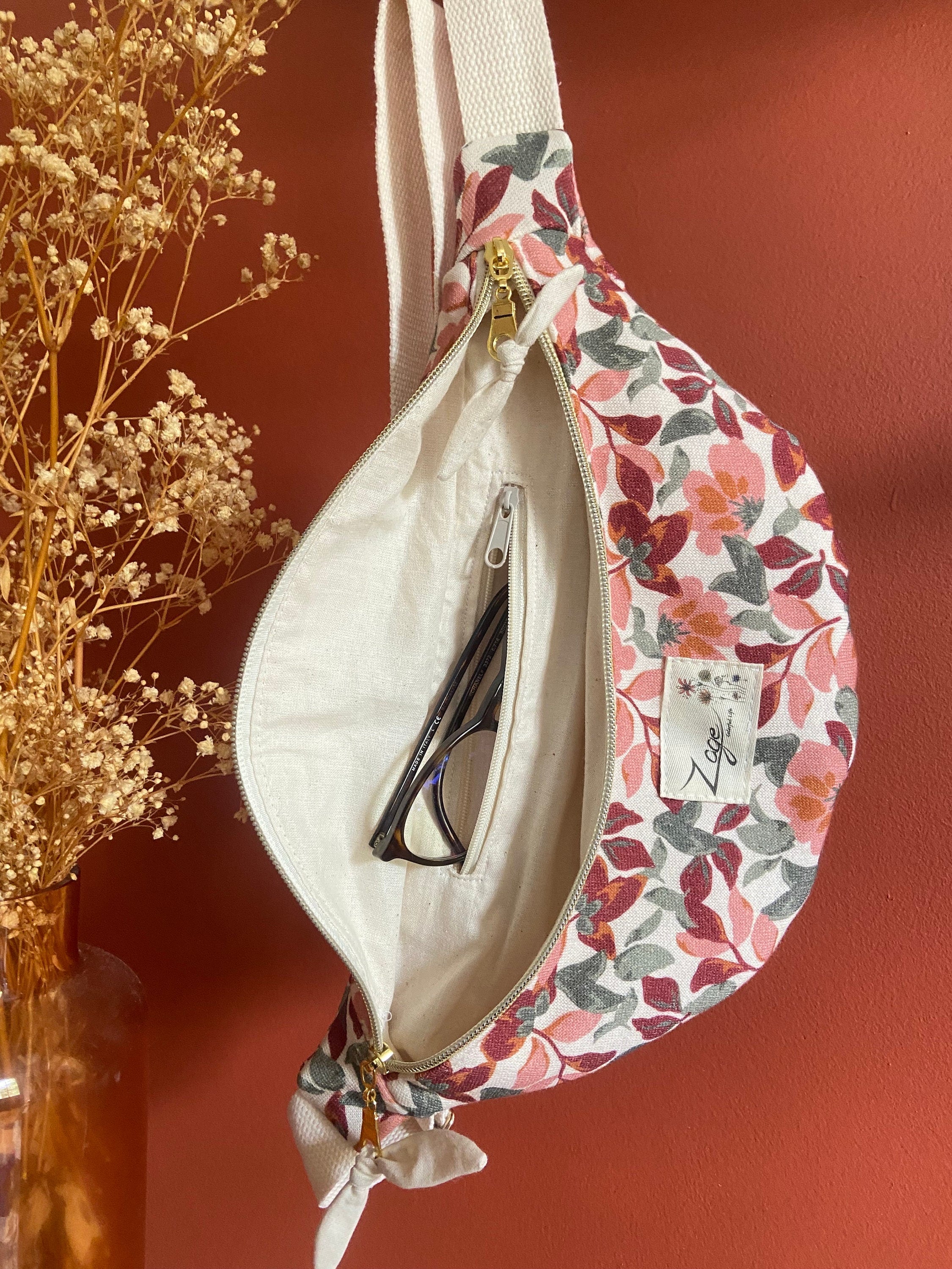 Sac Banane Femme | Gabardine Fleurs roses & doublure beigeSac Femme Zage Colorful Life