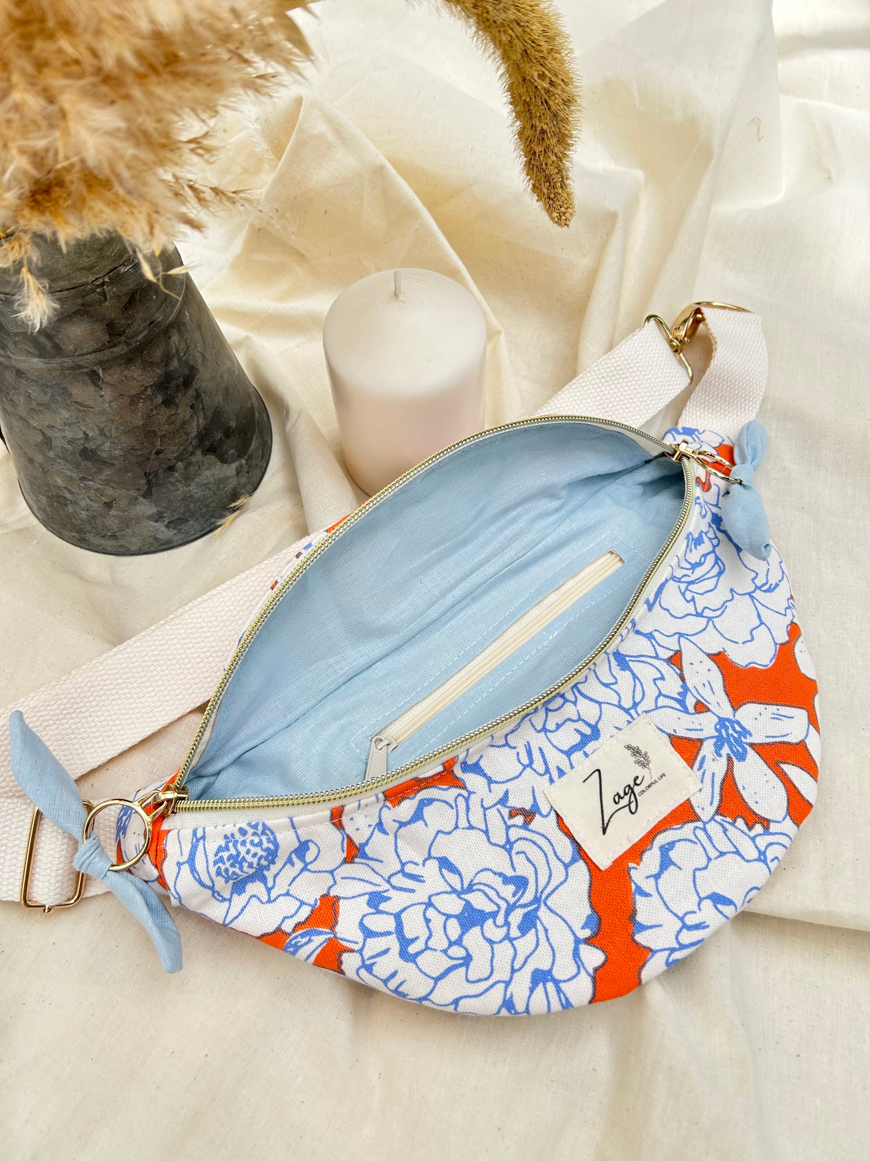 Sac Banane Femme | Toile de coton fleuri orange & doublure bleu clairSac Femme Zage Colorful Life