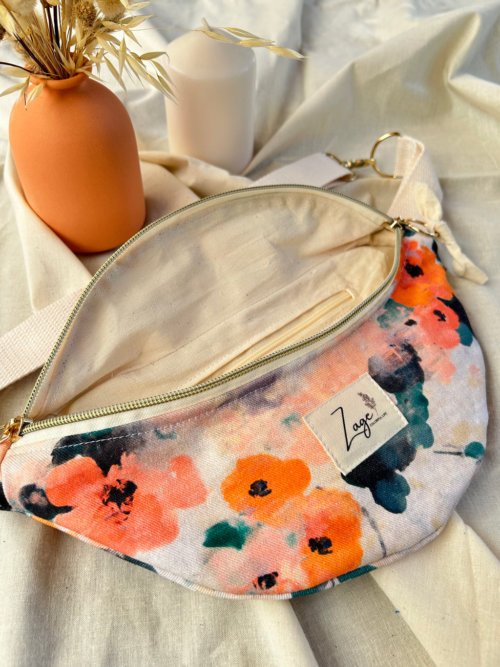 Sac banane femme Eté | Toile de coton fleurie orange & doublure beige (Copie)Sac Femme Zage Colorful Life