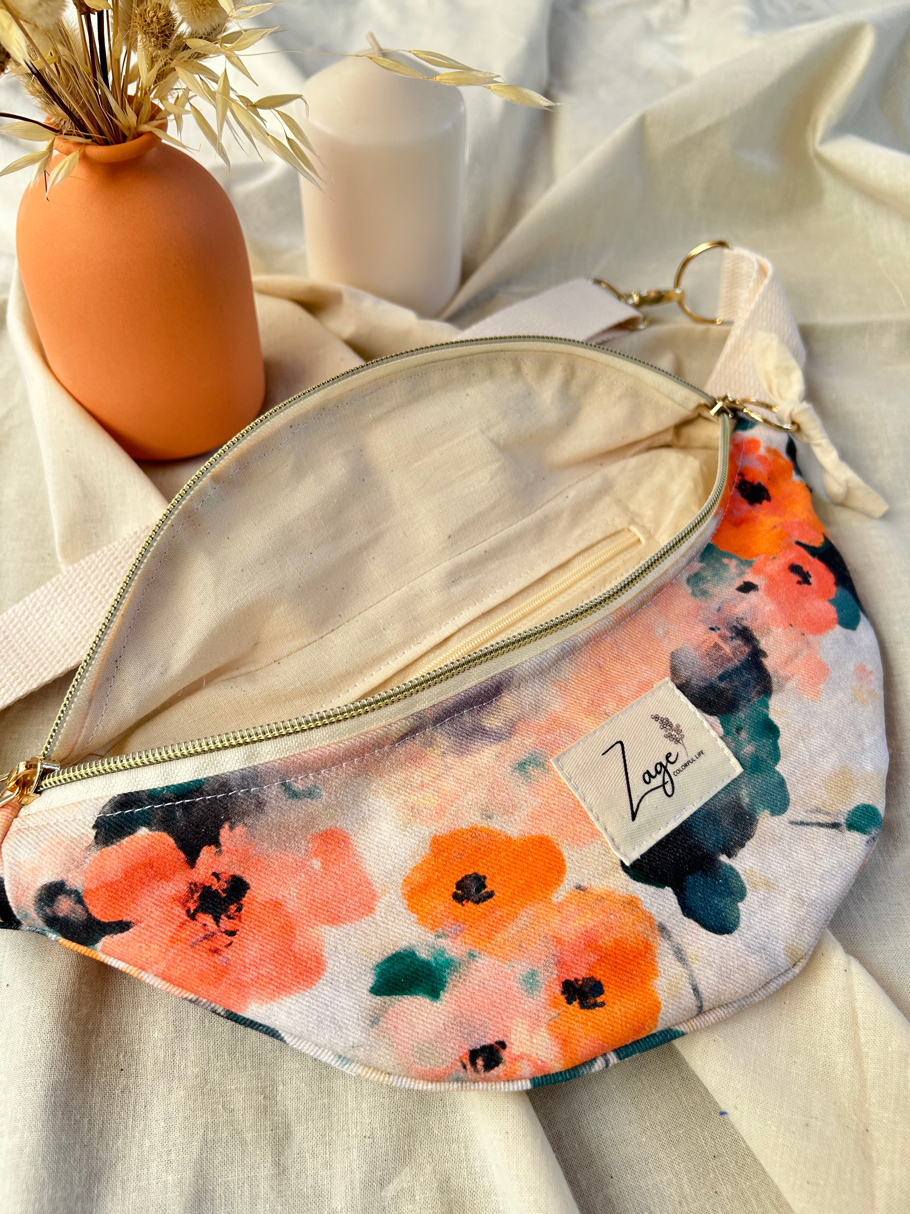 Sac banane femme Eté | Toile de coton fleurie orange & doublure beige (Copie)Sac Femme Zage Colorful Life