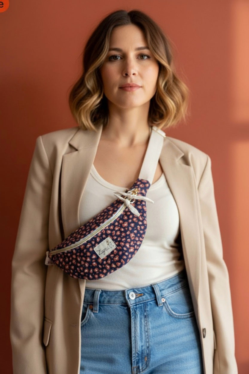 Sac Banane Femme - Tissu Sweat Léopard bleu marine & doublure beigeSac Femme Zage Colorful Life
