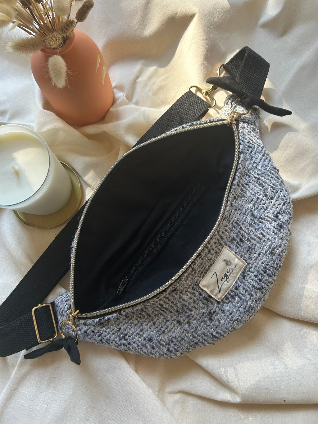Sac banane femme hiver | Laine mélangée gris noir blanc & doublure noireSac Femme Zage Colorful Life