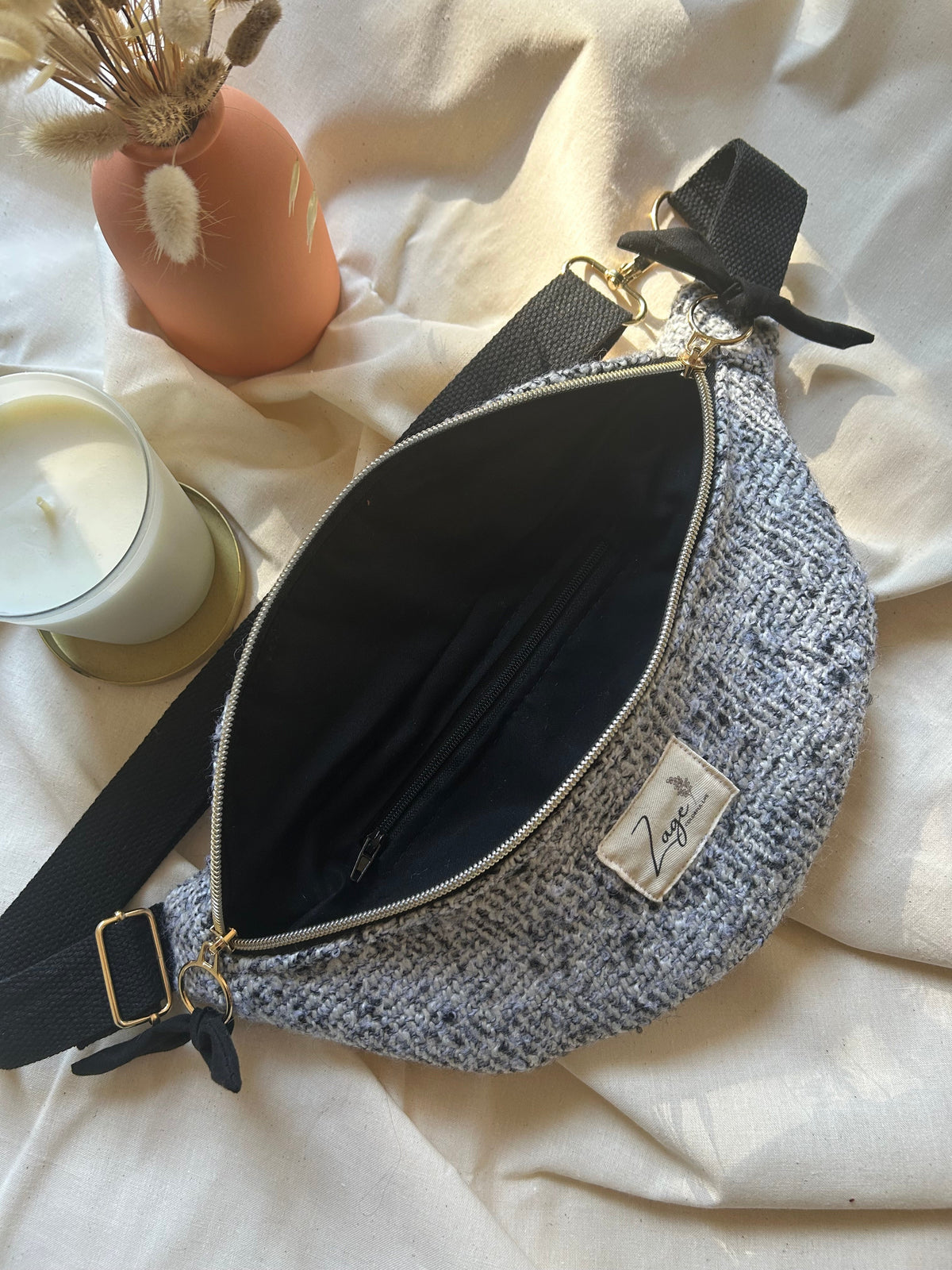 Sac banane femme hiver | Laine mélangée gris noir blanc & doublure noireSac Femme Zage Colorful Life