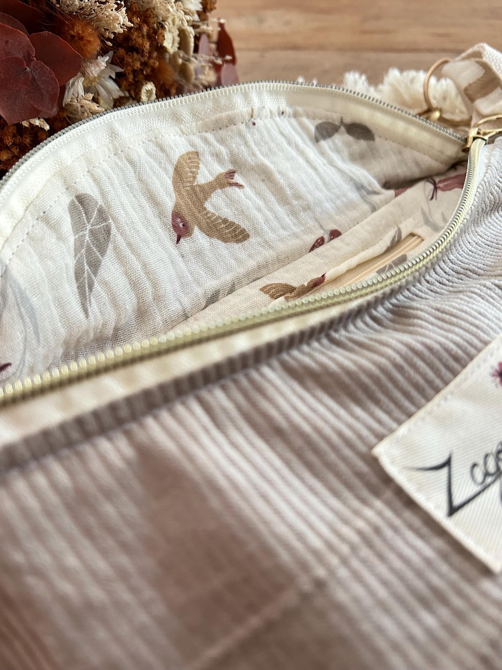Sac banane femme hiver | Velours côtelé gris & doublure gaze de coton oiseauxSac Femme Zage Colorful Life
