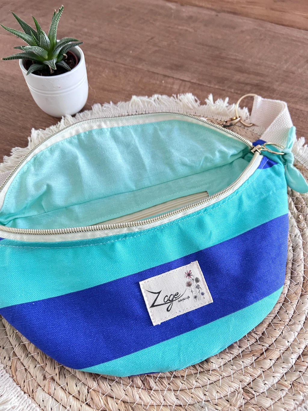 Sac banane femme été | Toile canvas rayé bleu et turquoise & doublure bleue clairSac Femme Zage Colorful Life