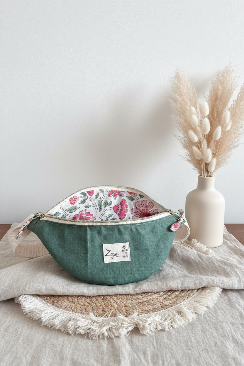 Sac banane femme été | Toile canvas vert olive & doublure fleurie roseSac Femme Zage Colorful Life