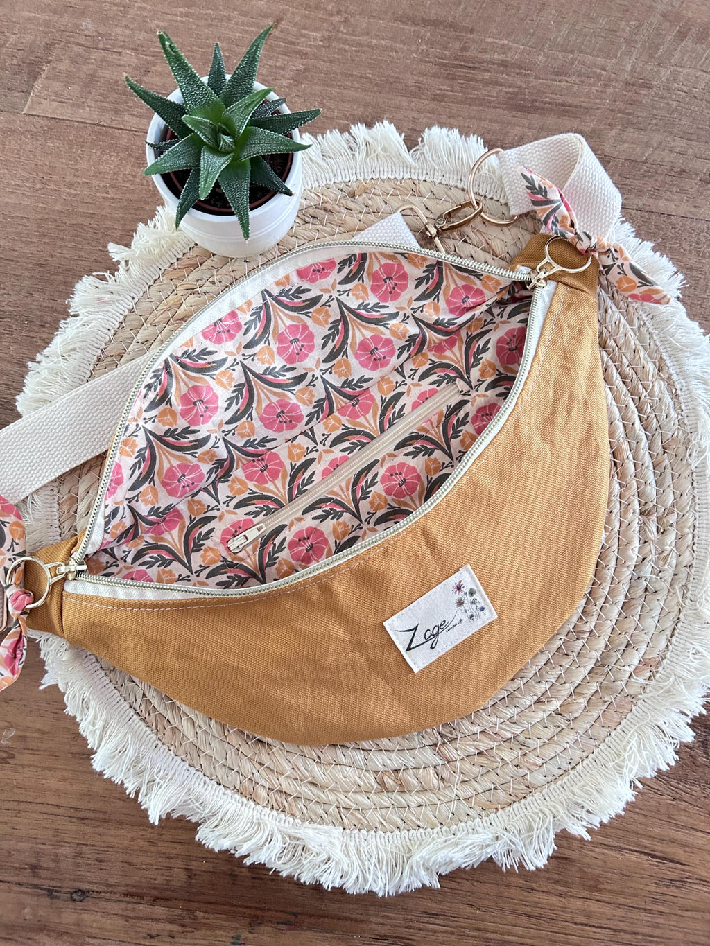 Sac banane femme été | Toile canvas jaune moutarde & doublure fleurie roseSac Femme Zage Colorful Life