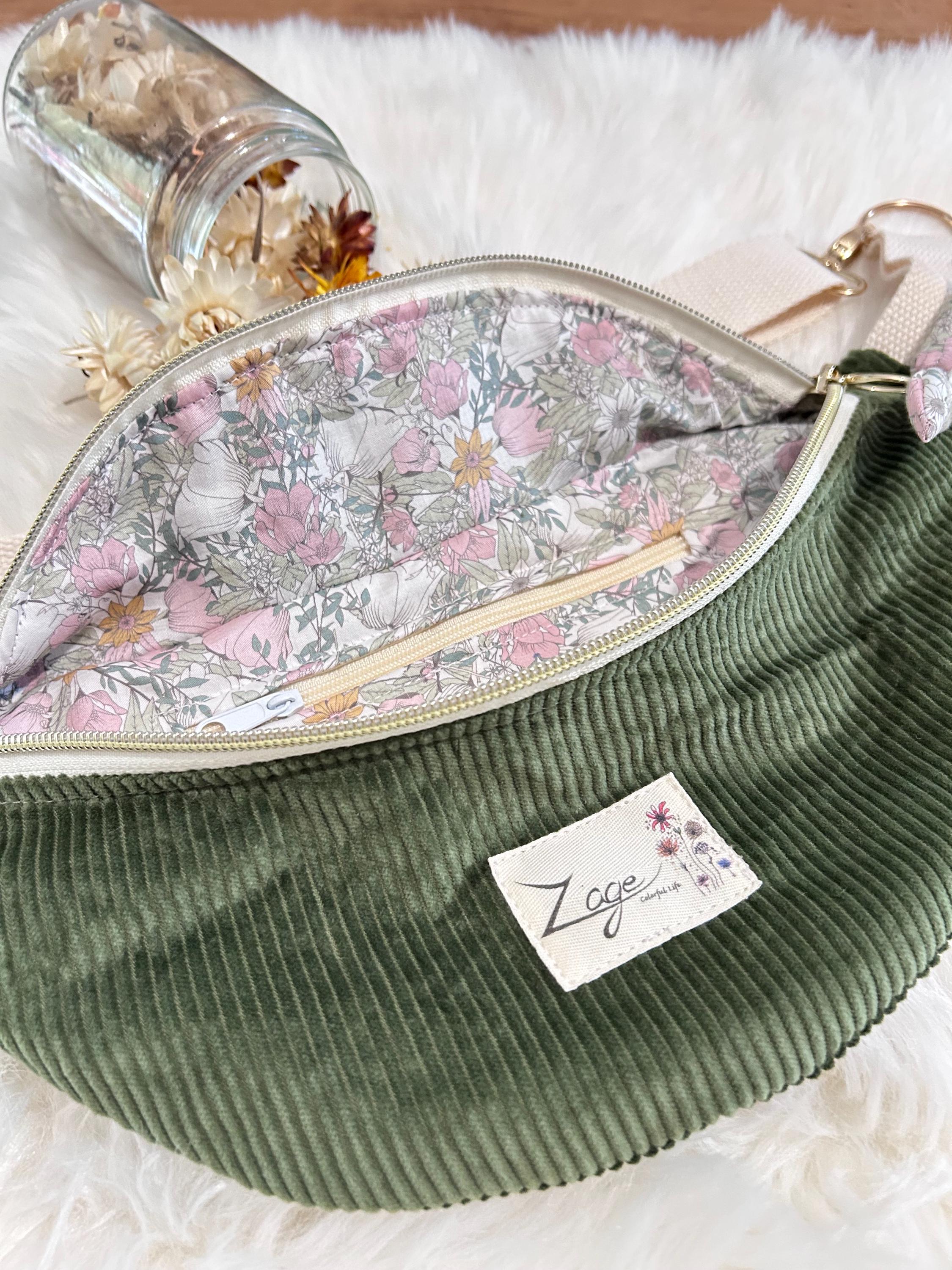 Sac banane femme hiver | Velours côtelé vert kaki & doublure liberty roseSac Femme Zage Colorful Life