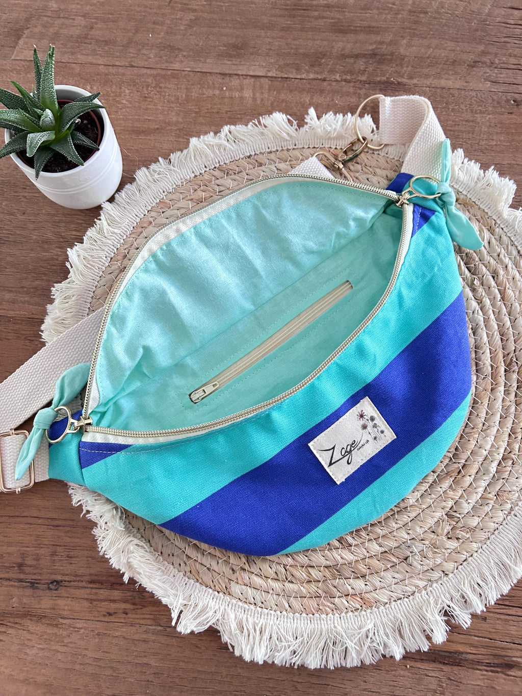 Sac banane femme été | Toile canvas rayé bleu et turquoise & doublure bleue clairSac Femme Zage Colorful Life