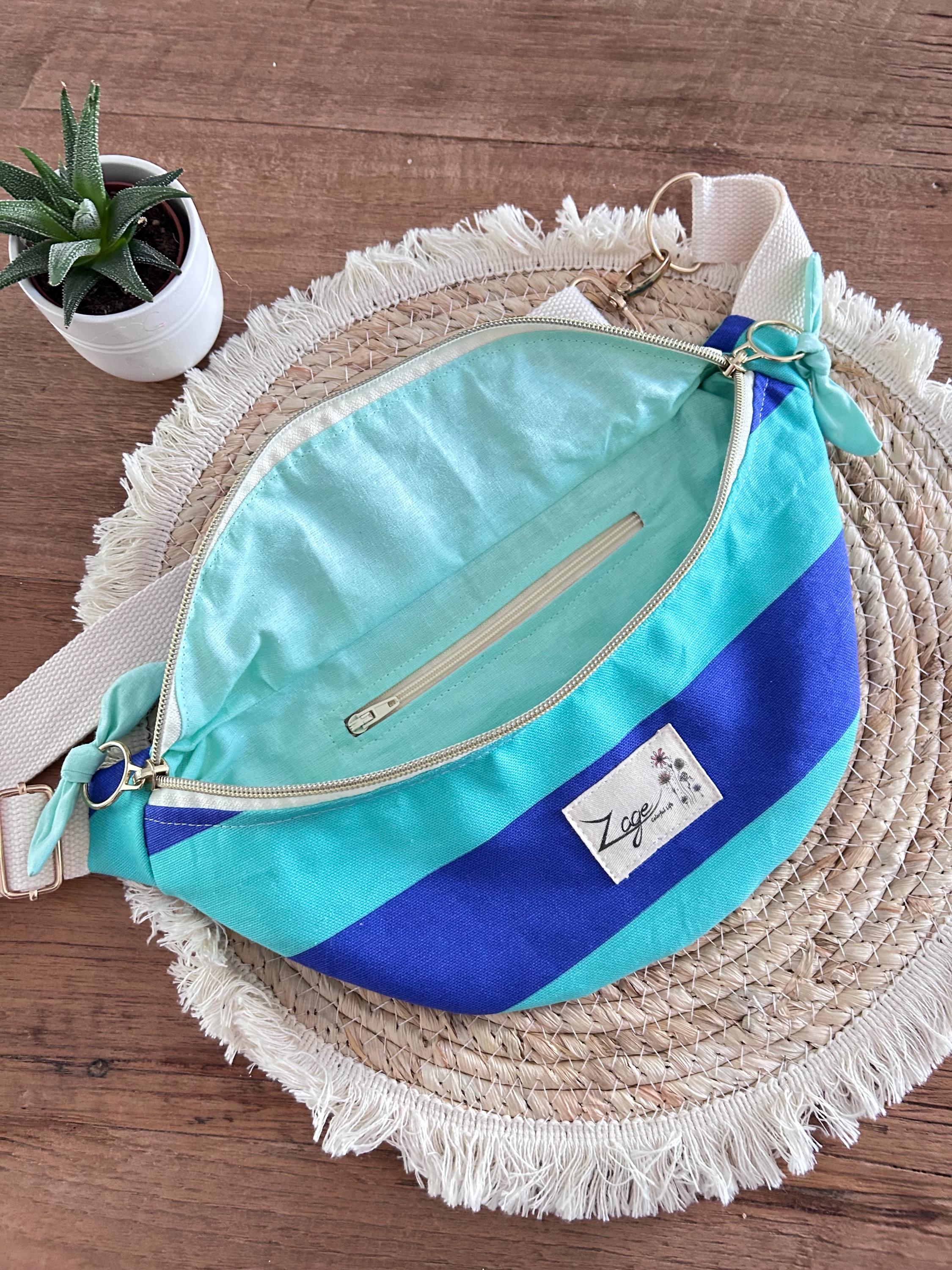 Sac banane femme été | Toile canvas rayé bleu et turquoise & doublure bleue clairSac Femme Zage Colorful Life