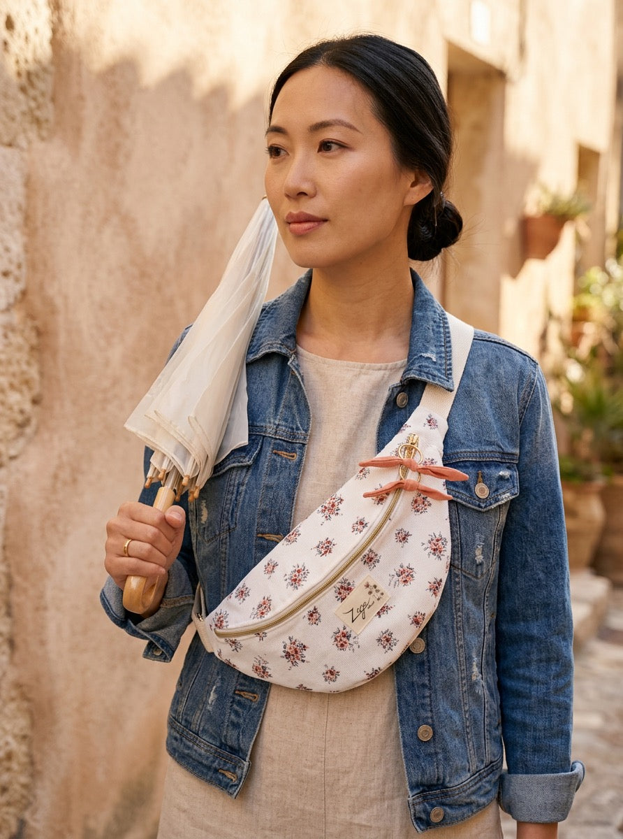 Sac banane femme Hiver | Velours côtelé blanc et fleuri & doublure roseSac Femme Zage Colorful Life