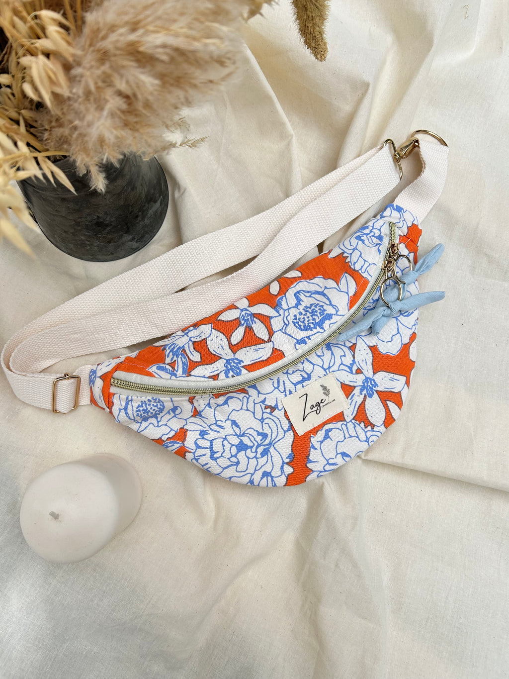 Sac Banane Femme | Toile de coton fleuri orange & doublure bleu clairSac Femme Zage Colorful Life