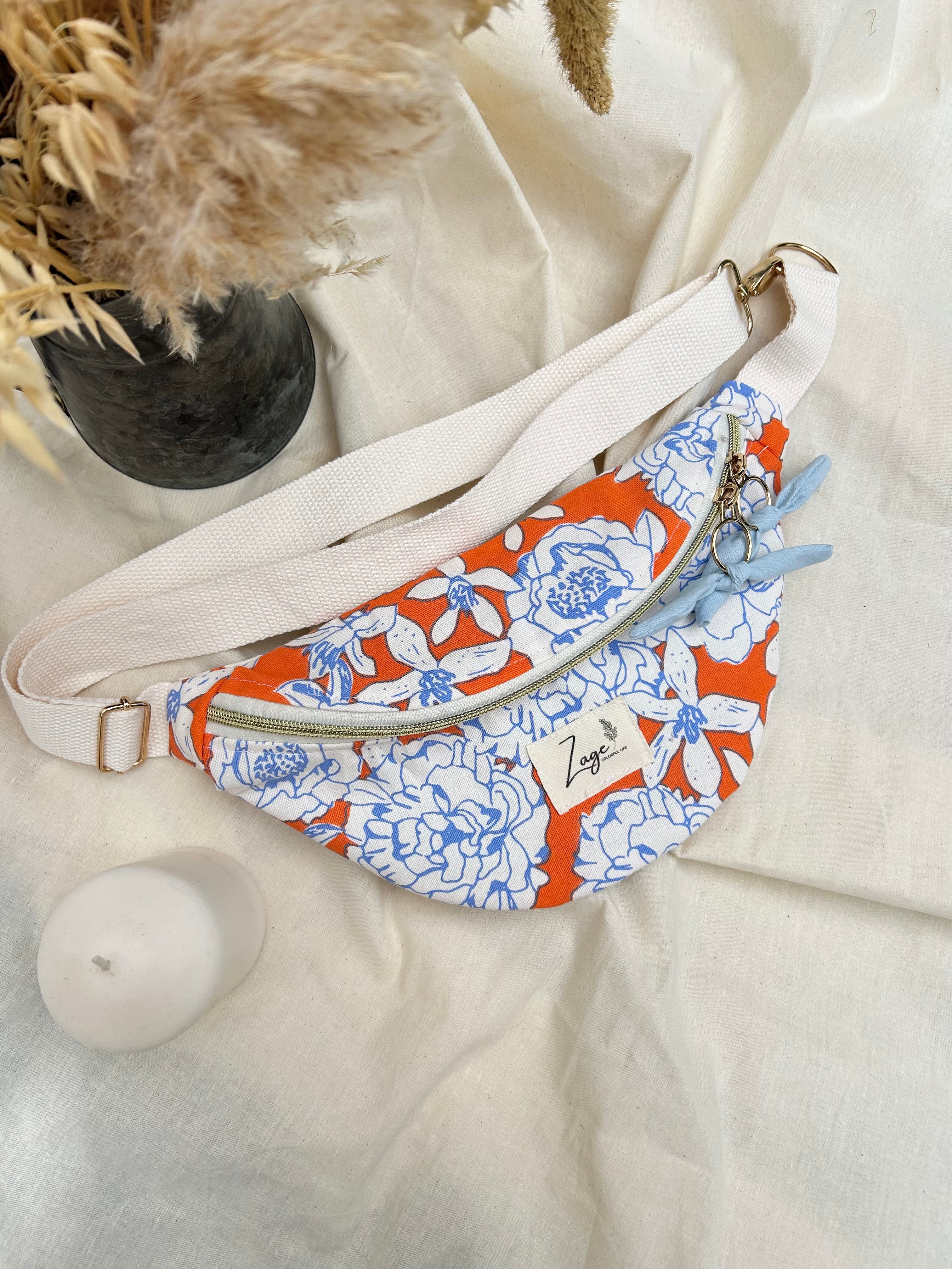 Sac Banane Femme | Toile de coton fleuri orange & doublure bleu clairSac Femme Zage Colorful Life