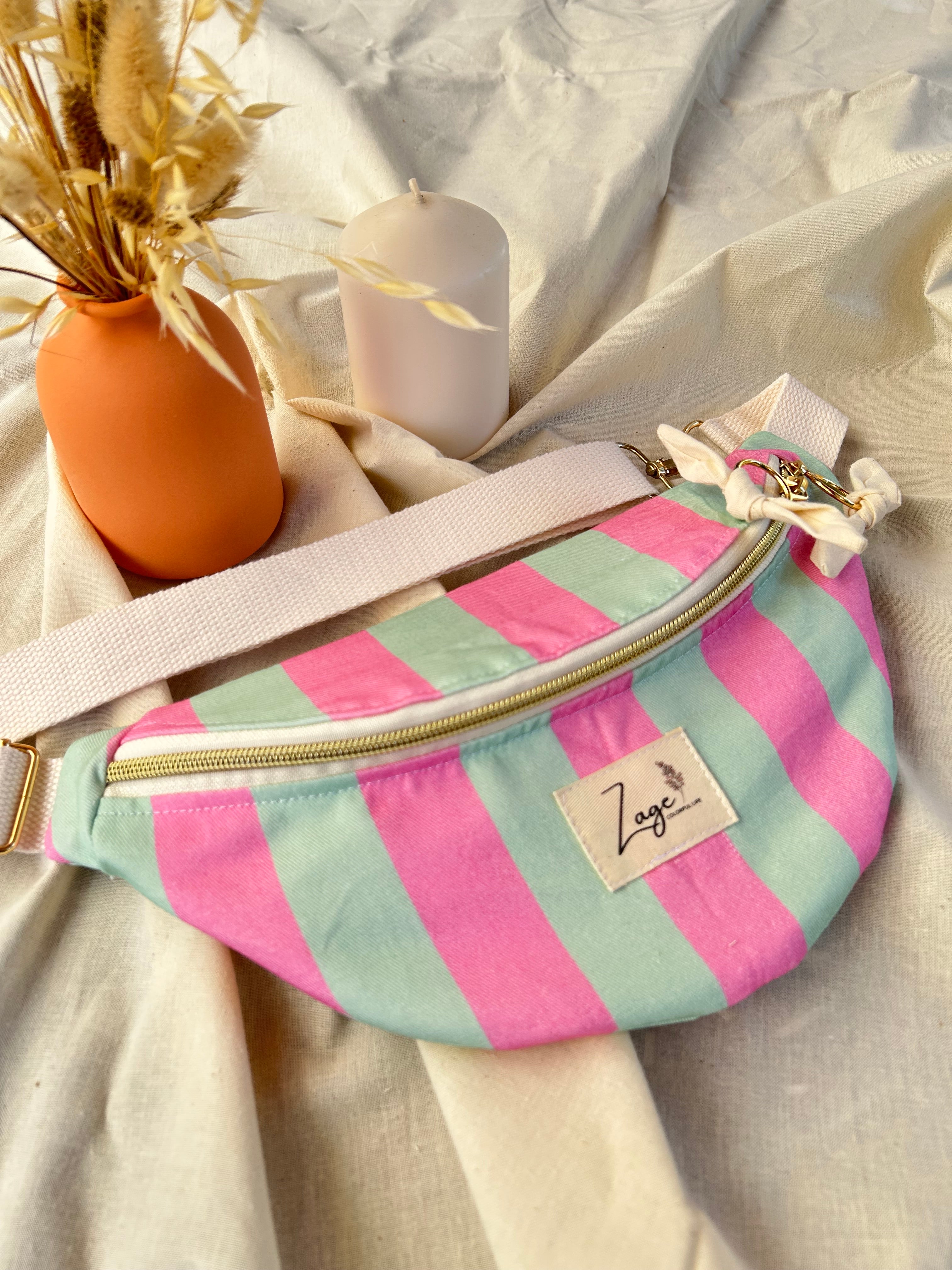 Sac banane femme Eté | Sergé de coton vert menthe et rose & doublure beigeSac Femme Zage Colorful Life