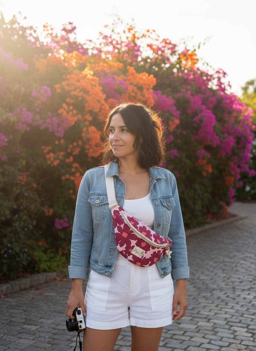 Sac banane Femme |Sweat molletonné Marguerites roses fond rose & doublure beigeSac Femme Zage Colorful Life