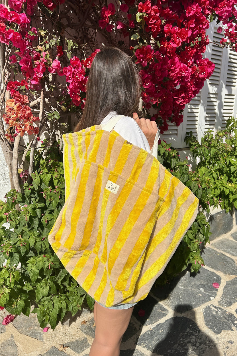 Sac Cabas de plage, Maxi cabas | Éponge rayée jaune et beige & Doublure jauneSac Femme Zage Colorful Life