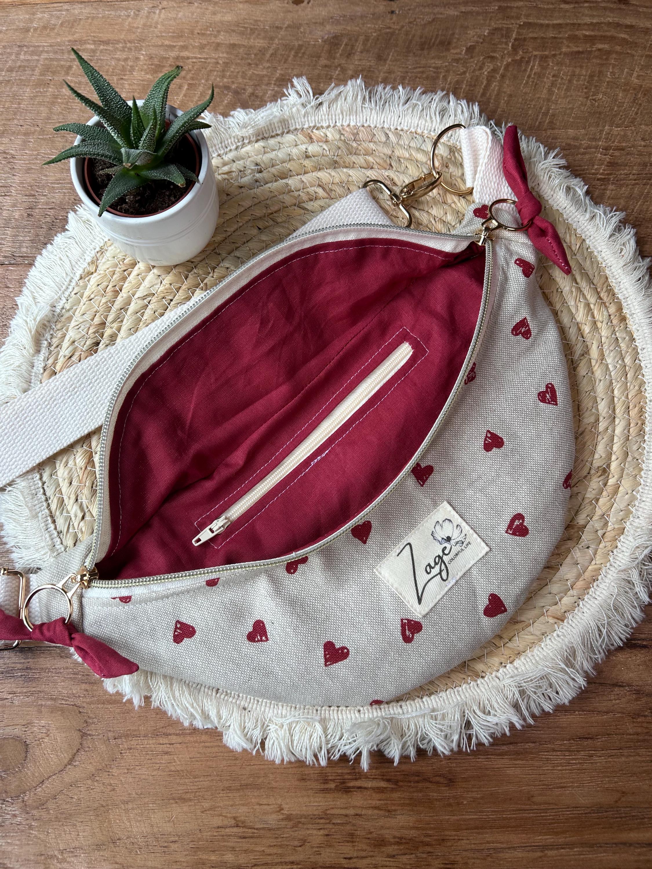 Sac banane femme  | Toile beige cœurs rouges & doublure rougeSac Femme Zage Colorful Life