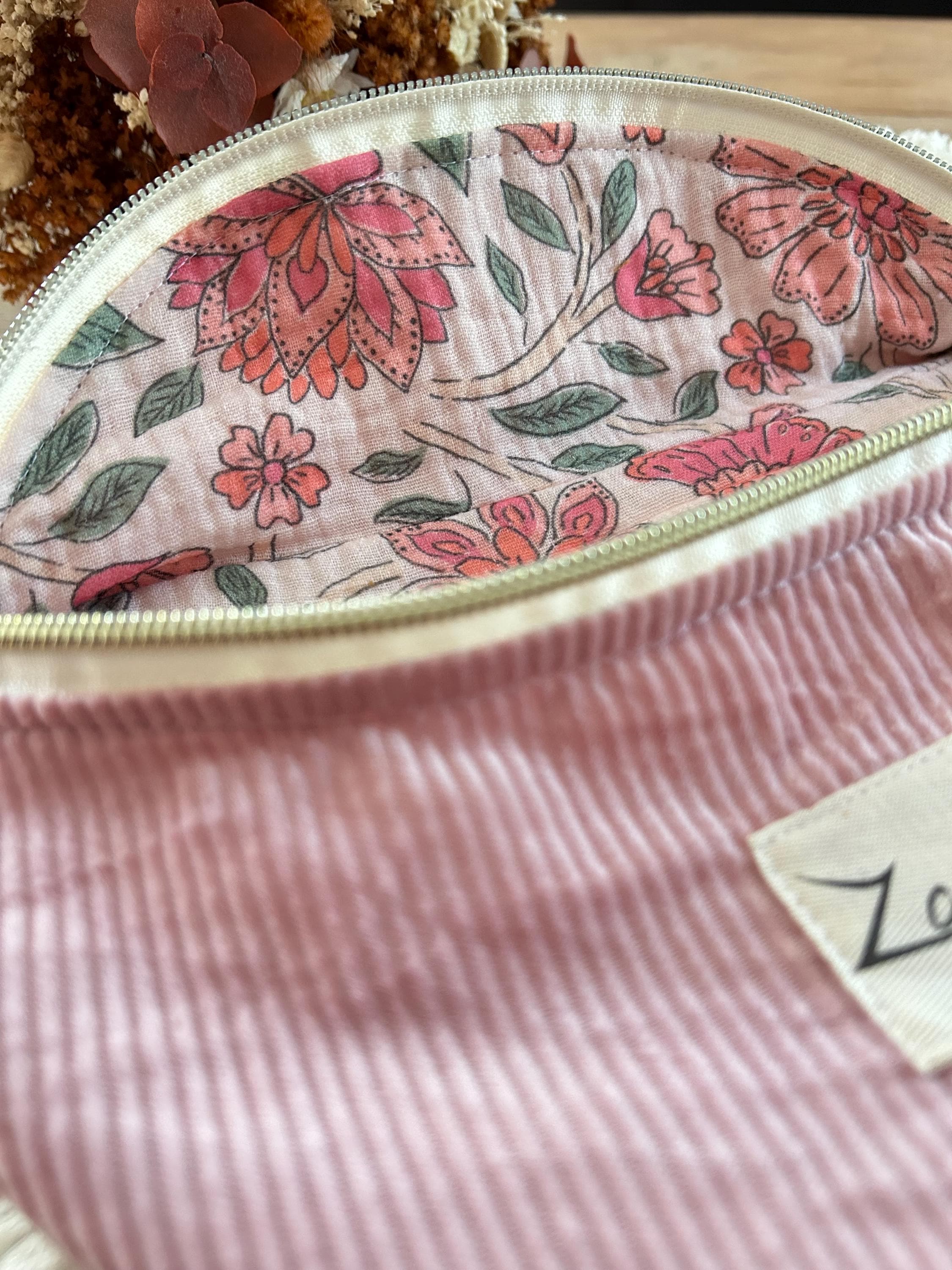 Sac banane femme hiver | Velours côtelé rose & doublure gaze de coton fleuri roseSac Femme Zage Colorful Life