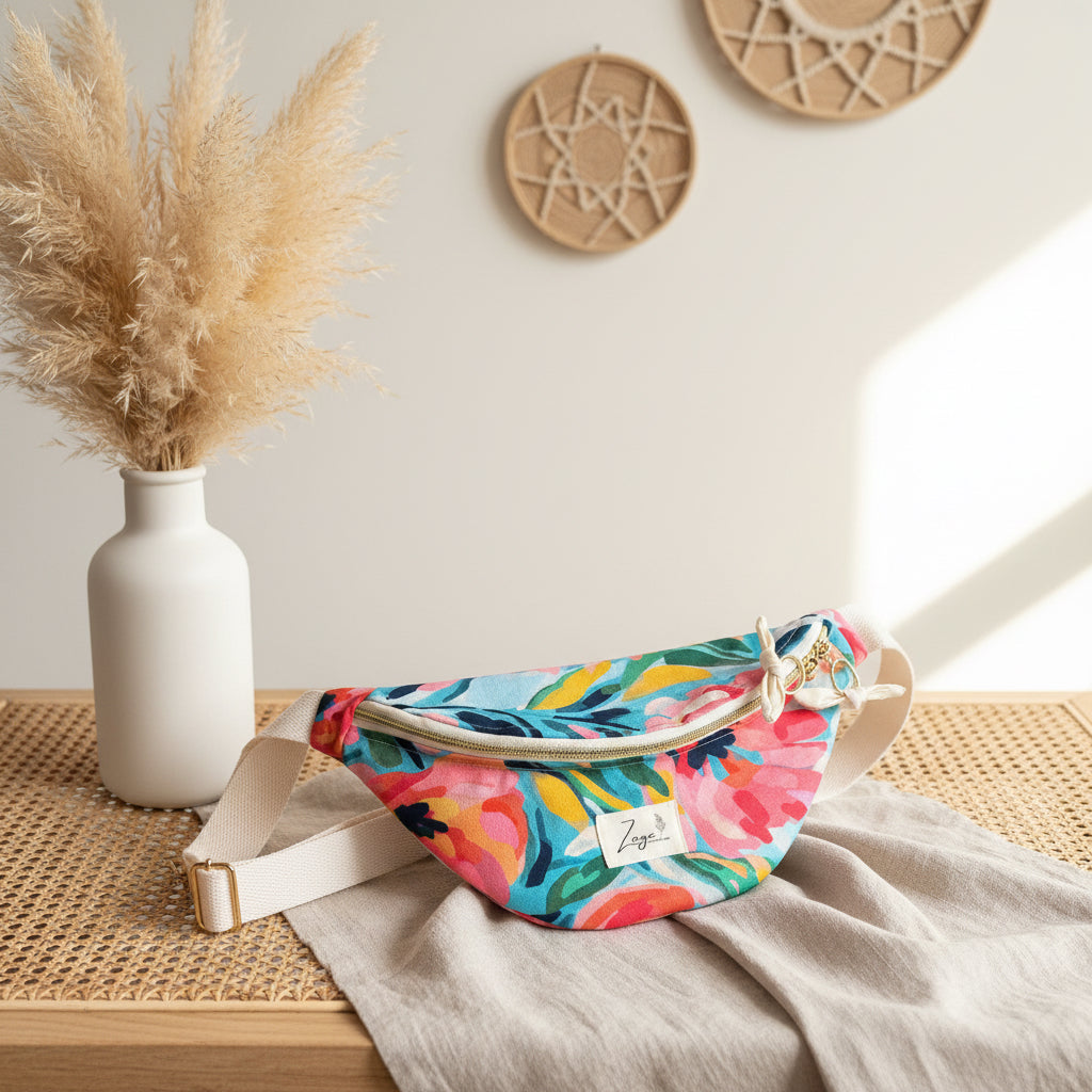 Sac banane femme Eté | Toile de coton fleurie colorée & doublure beigeSac Femme Zage Colorful Life
