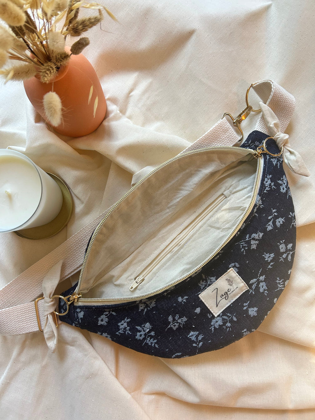 Sac banane femme | Jean fleuri & doublure beigeSac Femme Zage Colorful Life