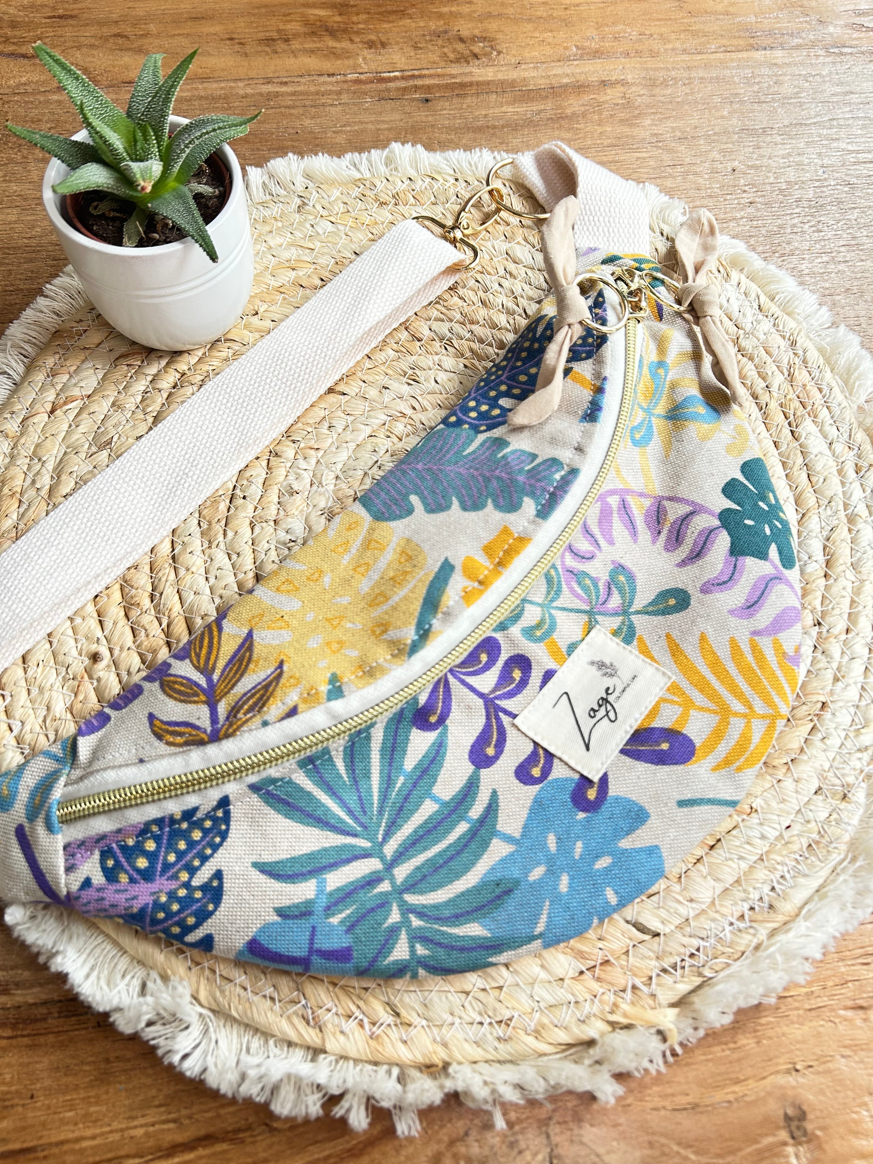 Sac banane femme Eté | Toile de coton feuilles colorées & doublure beigeSac Femme Zage Colorful Life