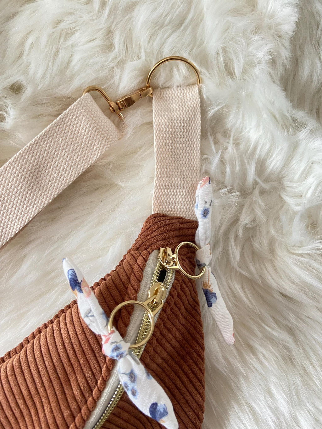Sac banane femme hiver | Velours côtelé marron & doublure gaze de coton fleuriSac Femme Zage Colorful Life