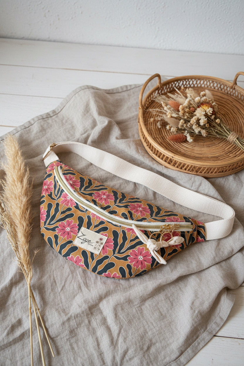 Sac banane Femme | Bachette Fleurie rose et moutarde & doublure beigeSac Femme Zage Colorful Life