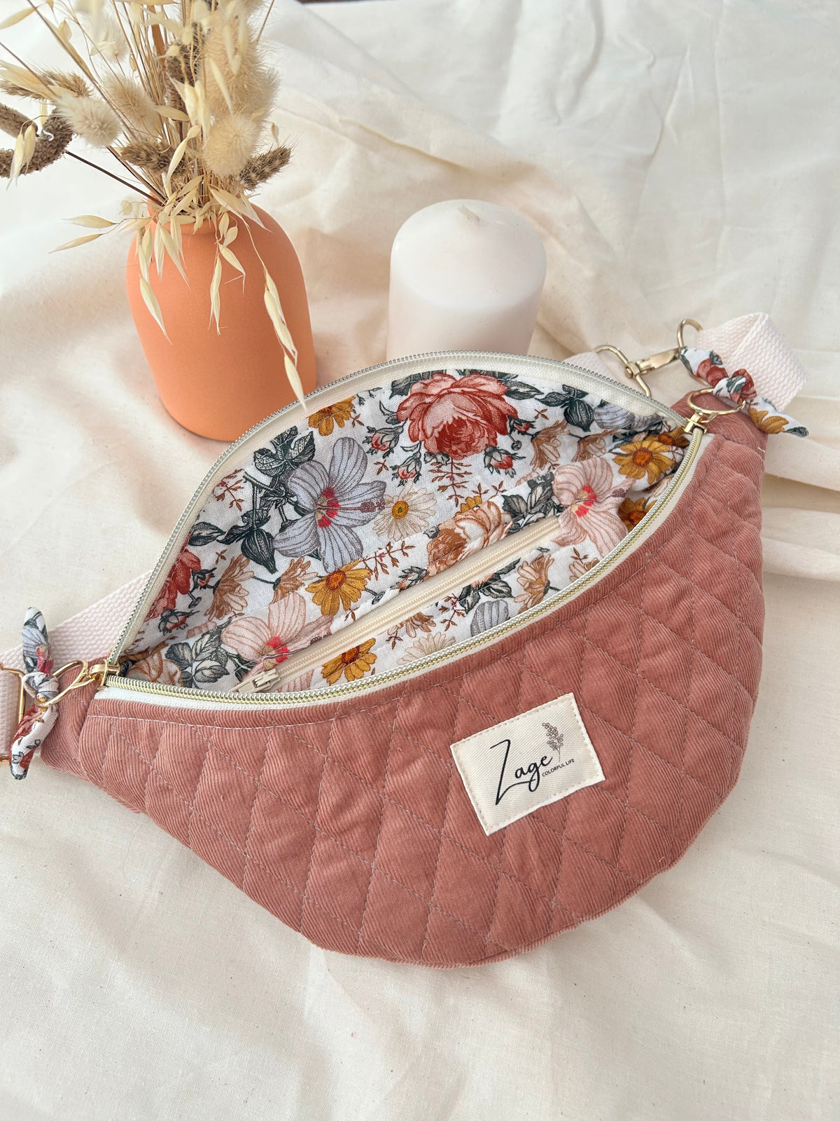 Sac banane femme hiver | Velours matelassé vieux rose & doublure gaze de coton fleurieSac Femme Zage Colorful Life