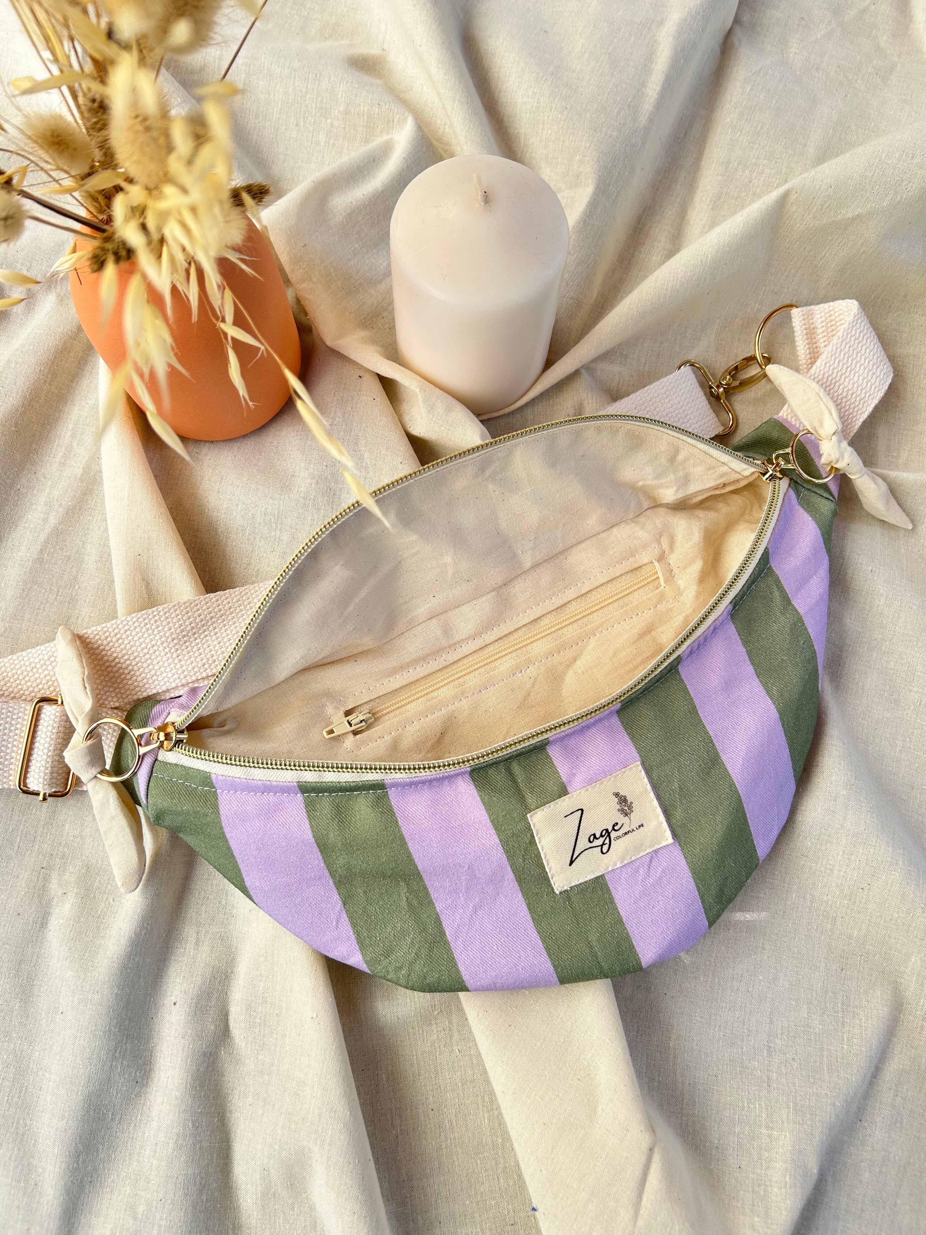 Sac banane femme Eté | Sergé de coton vert et lilas & doublure beigeSac Femme Zage Colorful Life