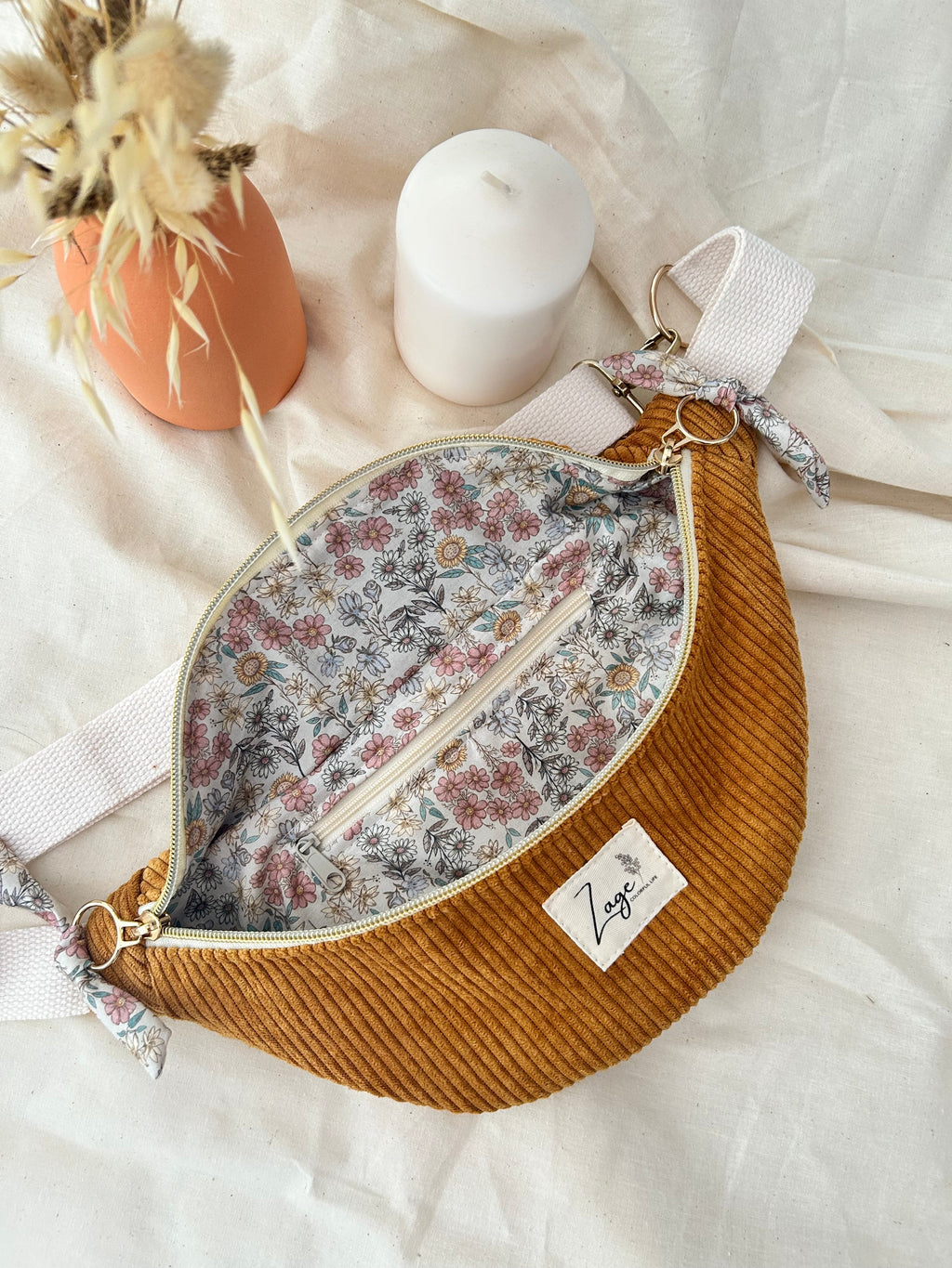 Sac banane femme hiver | Velours côtelé moutarde & doublure fleurieSac Femme Zage Colorful Life
