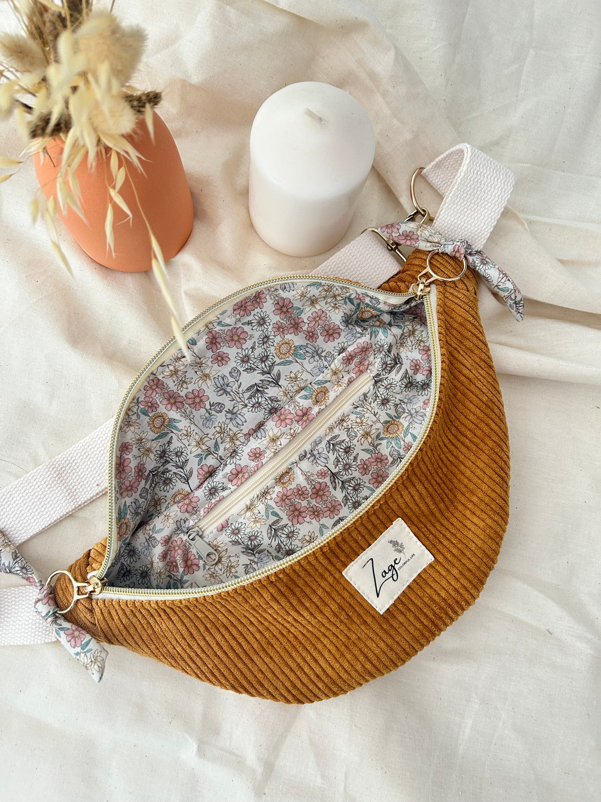 Sac banane femme hiver | Velours côtelé moutarde & doublure fleurieSac Femme Zage Colorful Life