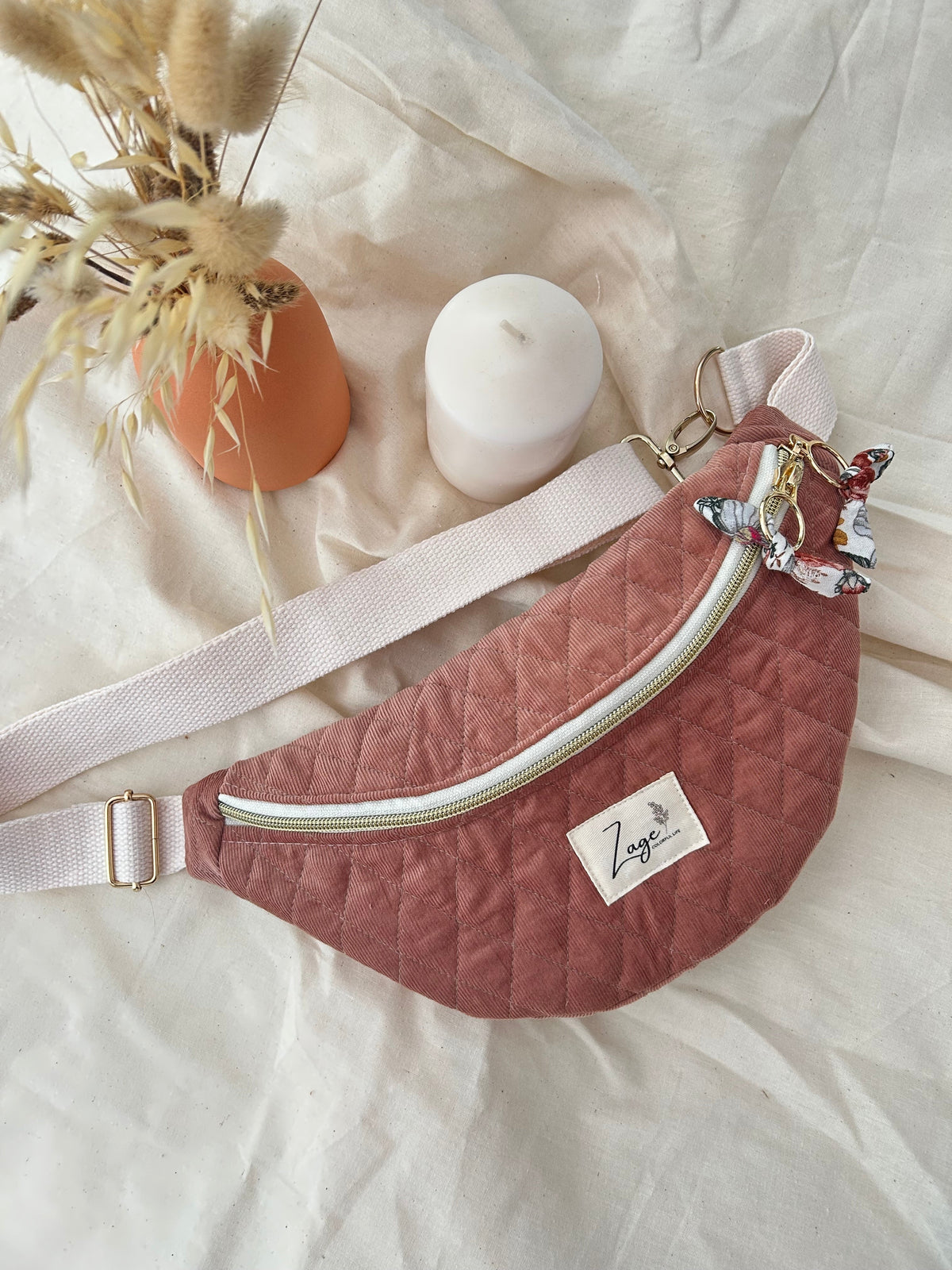 Sac banane femme hiver | Velours matelassé vieux rose & doublure gaze de coton fleurieSac Femme Zage Colorful Life