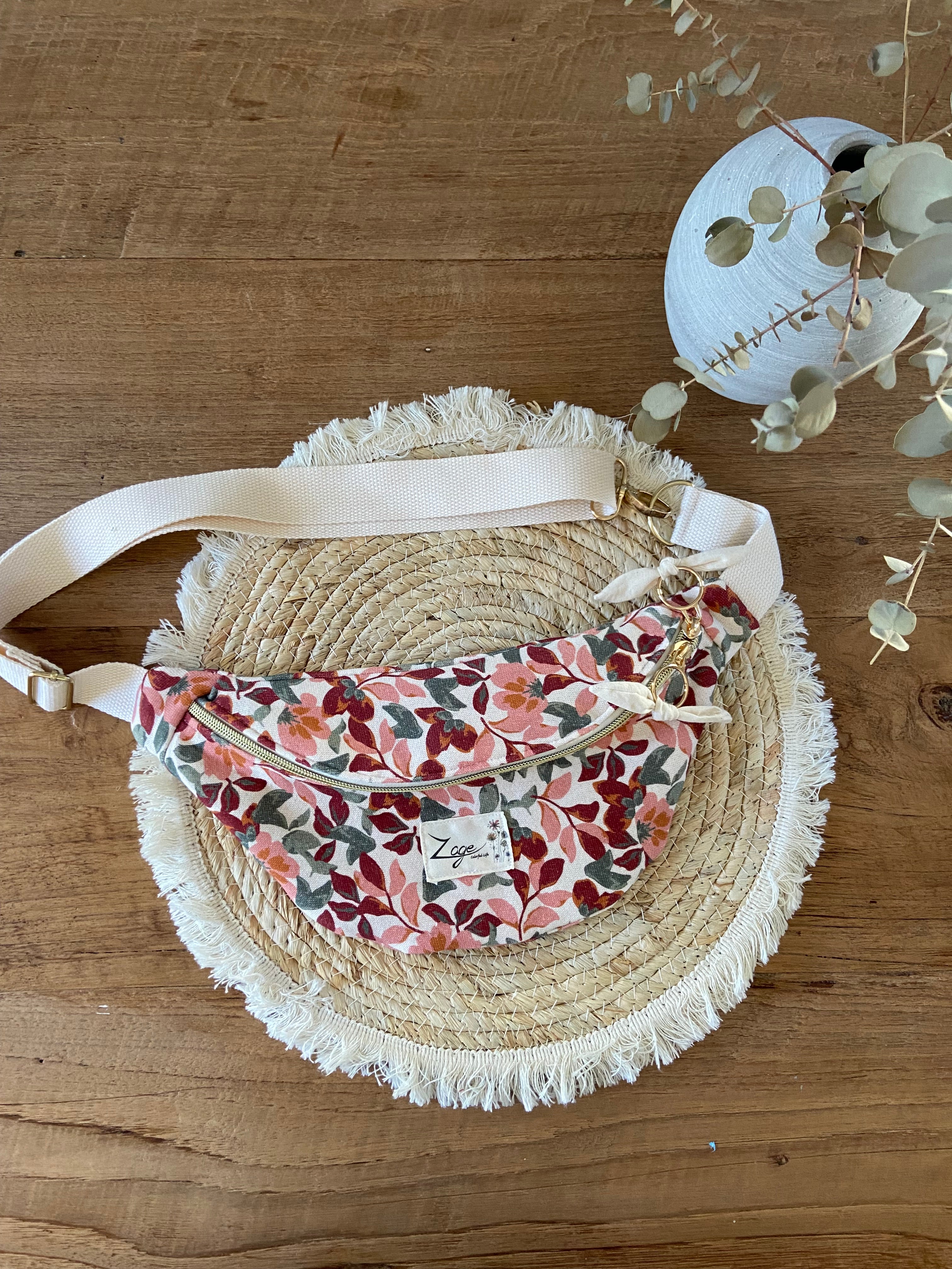Sac Banane Femme | Gabardine Fleurs roses & doublure beigeSac Femme Zage Colorful Life