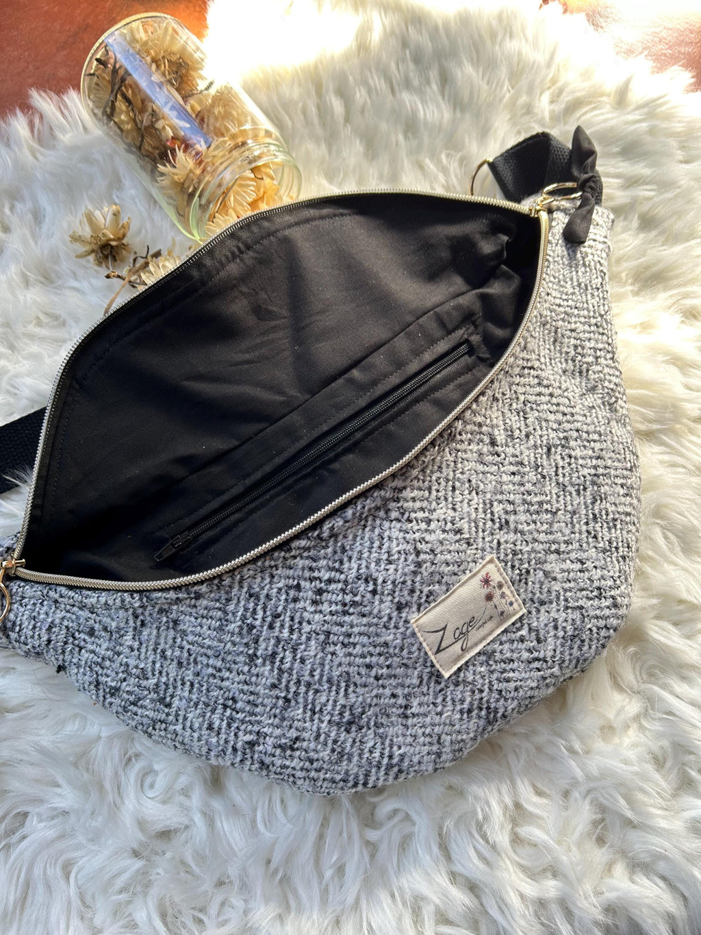Sac banane femme hiver | Laine mélangée gris noir blanc & doublure noireSac Femme Zage Colorful Life