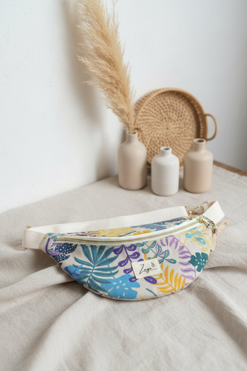 Sac banane femme Eté | Toile de coton feuilles colorées & doublure beigeSac Femme Zage Colorful Life