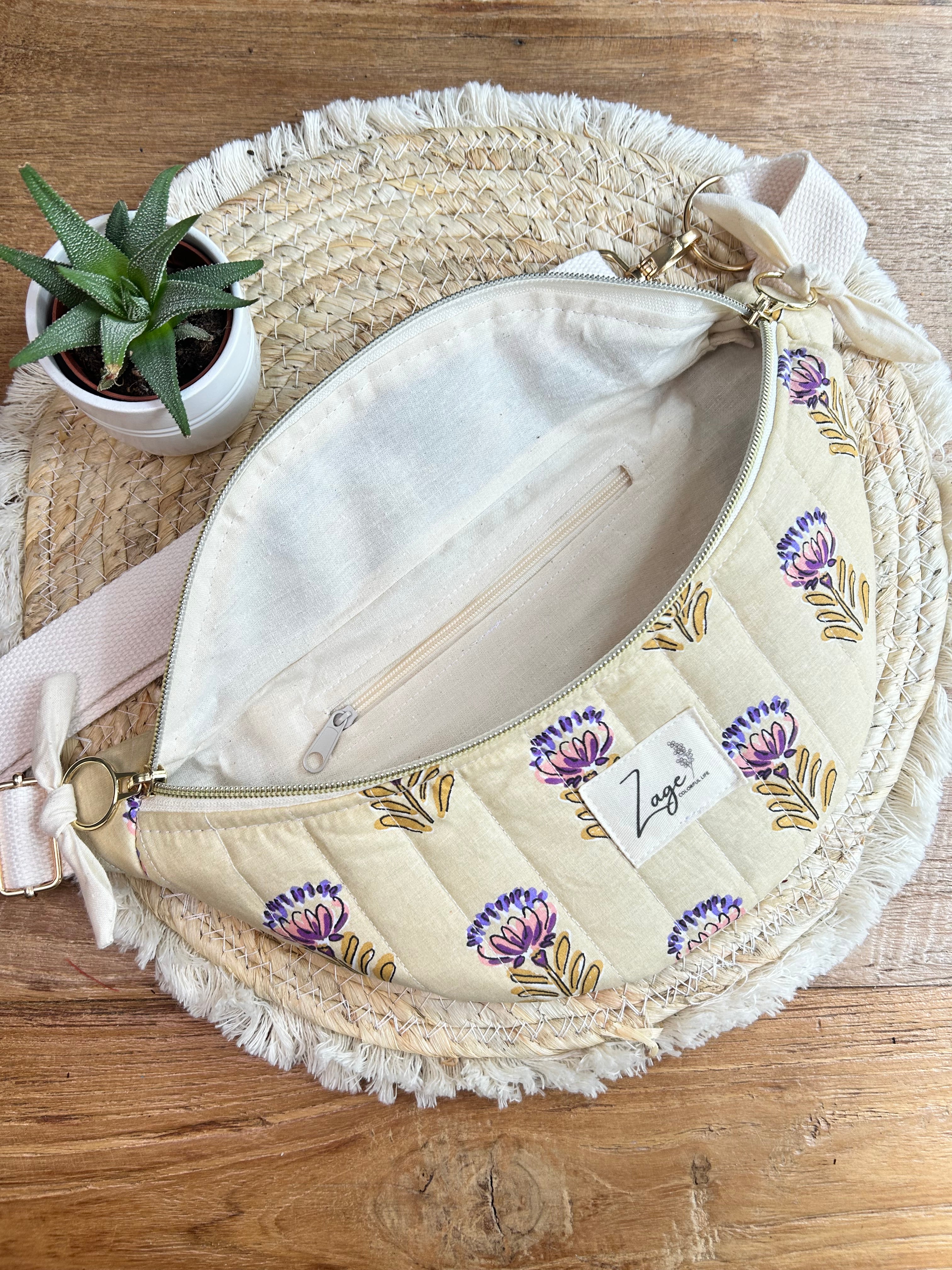 Sac banane femme Matelassé | Tissu matelassé beige fleuri & doublure beigeSac Femme Zage Colorful Life